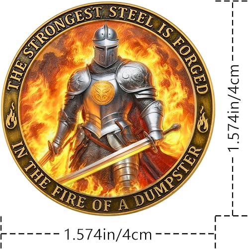 Miniatura 3 de Moneda de desafío de fuego de contenedor, diseño de caballero y fénix con mensaje motivacional, símbolo de resiliencia y humor