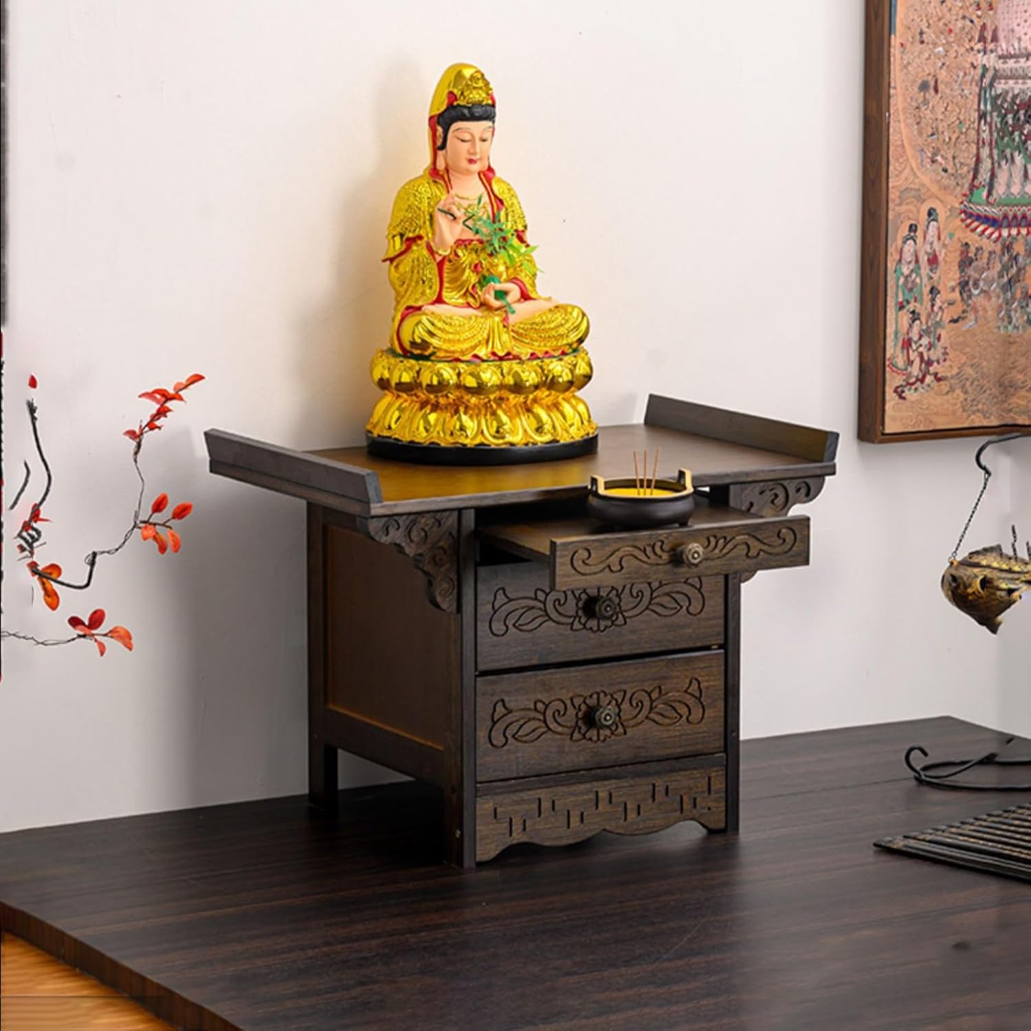 竹製瞑想用祭壇テーブル、引き出しと引き出し式トレイ付き、家庭での祈り、穏やかさ、スピリチュアル、そしてマインドフルな生活のための仏壇
