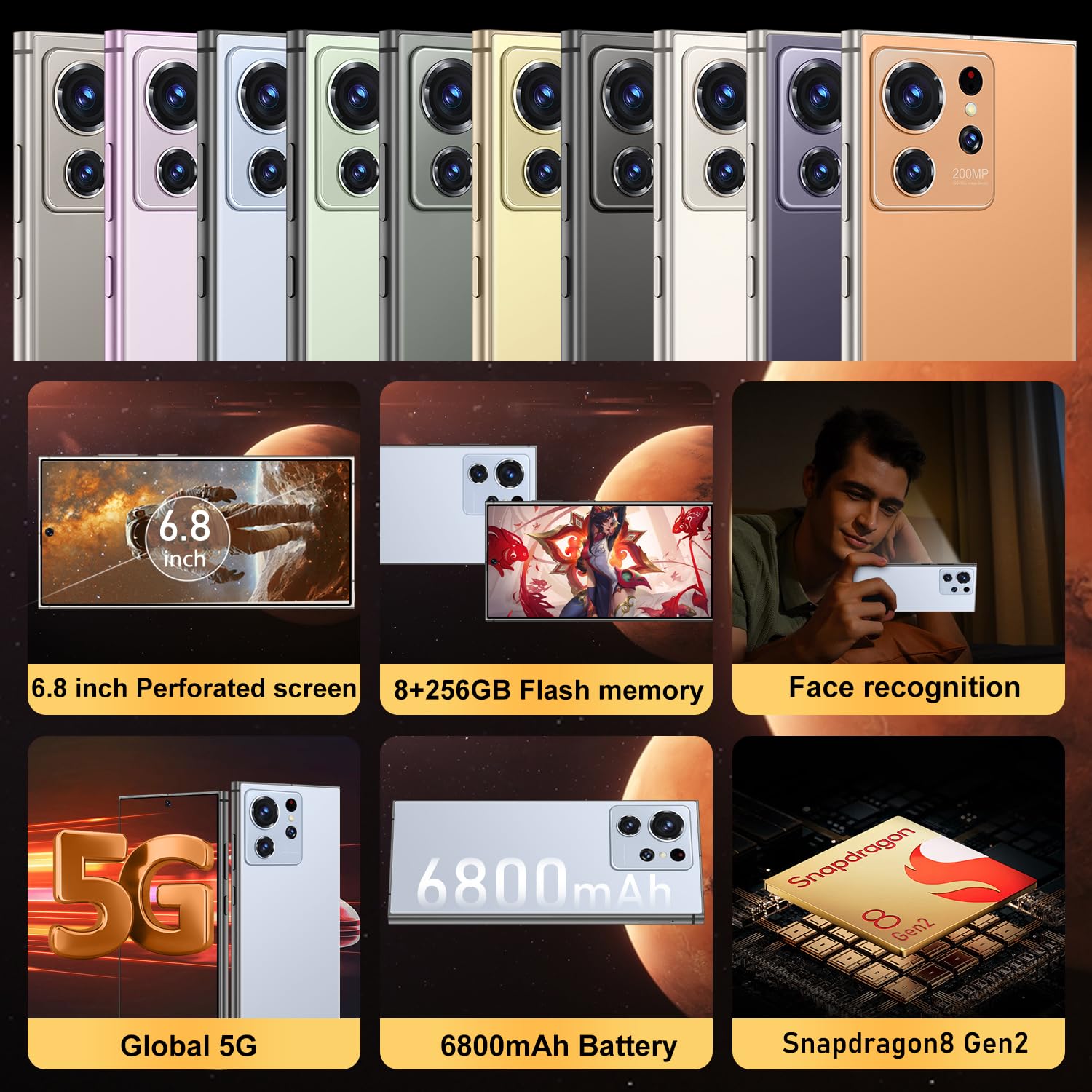 Unlocked Cell Phones Smartphone Android 13 Phones 8+256GB/6.8" HD Screen/108MP+48MP Camera/6800 mAh/Built-in Pen (Light Blue)