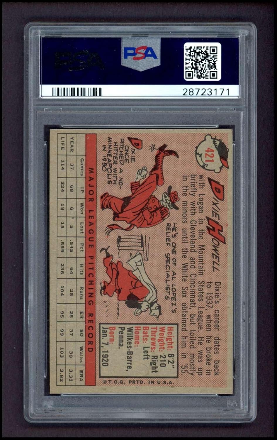 1958 Topps #421 Dixie Howell Chicago White Sox (Baseball Card) PSA PSA 8.00 White Sox