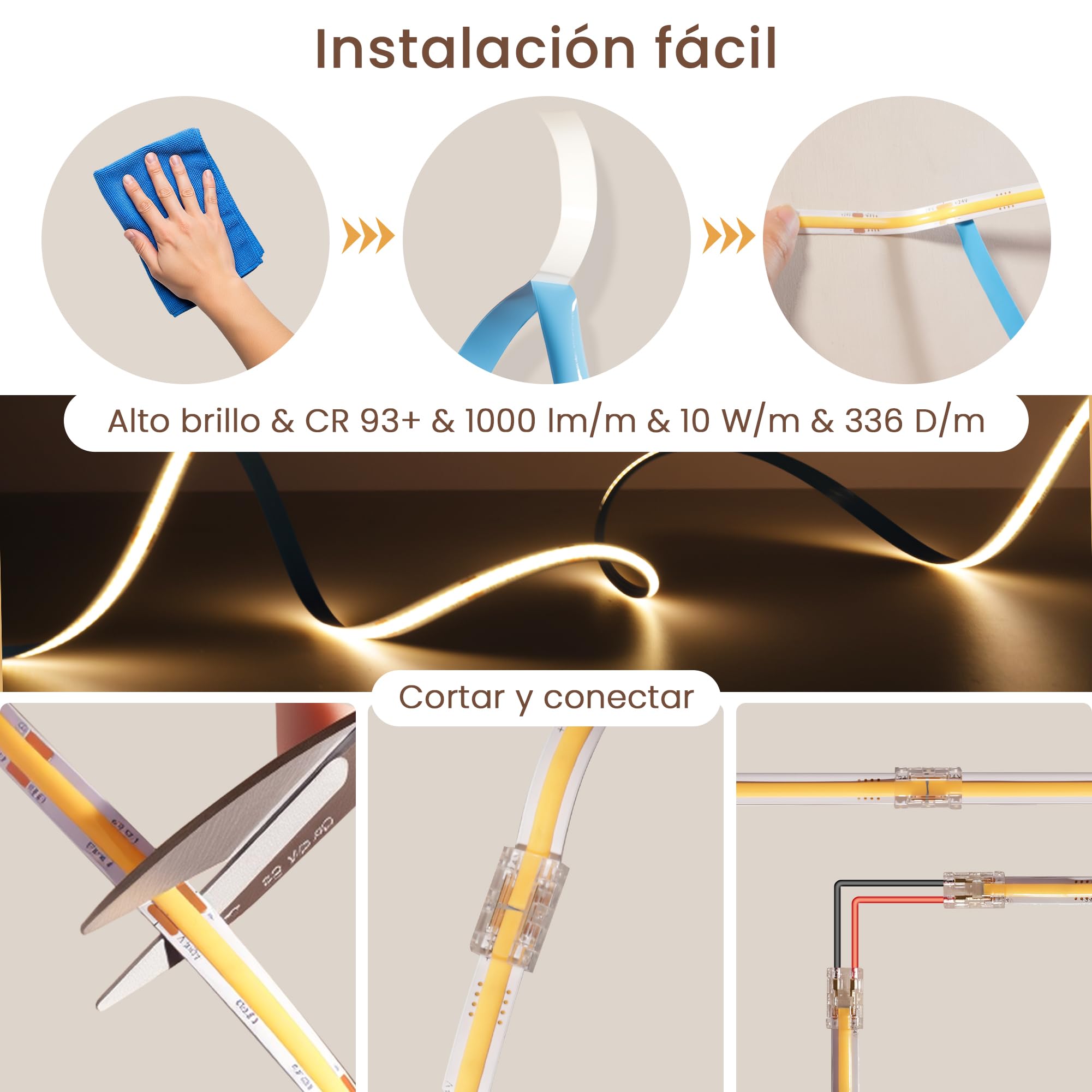 24V 20M Tira LED COB Regulable 3000K Blanco Cálido, Compatible con Alexa, 10W/M, 336 LEDs/M, CRI 93+, 1000LM/M con Fuente de Alimentación, para Decoración de Interiores, Dormitorio, Cocina, Comercio