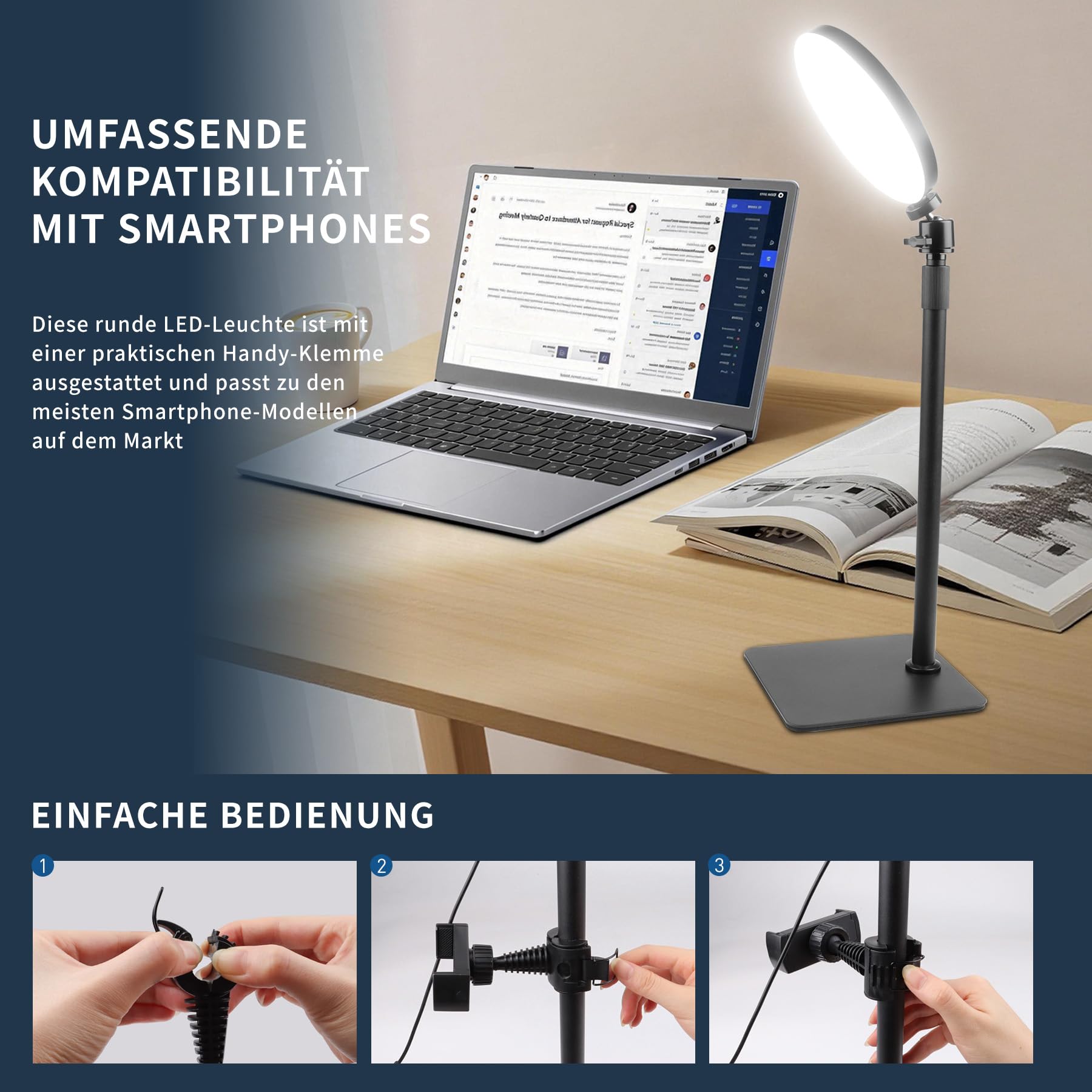 Luce Video LED per Videoconferenze Zoom Meeting Online con Supporto Telefono 3 Modalita Colore 5 Livelli Luminosita Alimentazione USB per Streaming Live Webcam Home Office Selfie Professionale