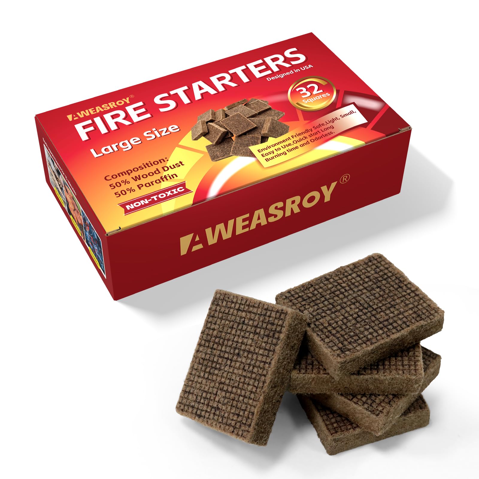 Fire Starter, Upgrade Larger Size Fire Starters for Fireplace, Wood Stove, Campfires, Grill,Indoor, 15 Mins Long-Lasting Burn Waterproof BBQ Fire Starter Squares(32)