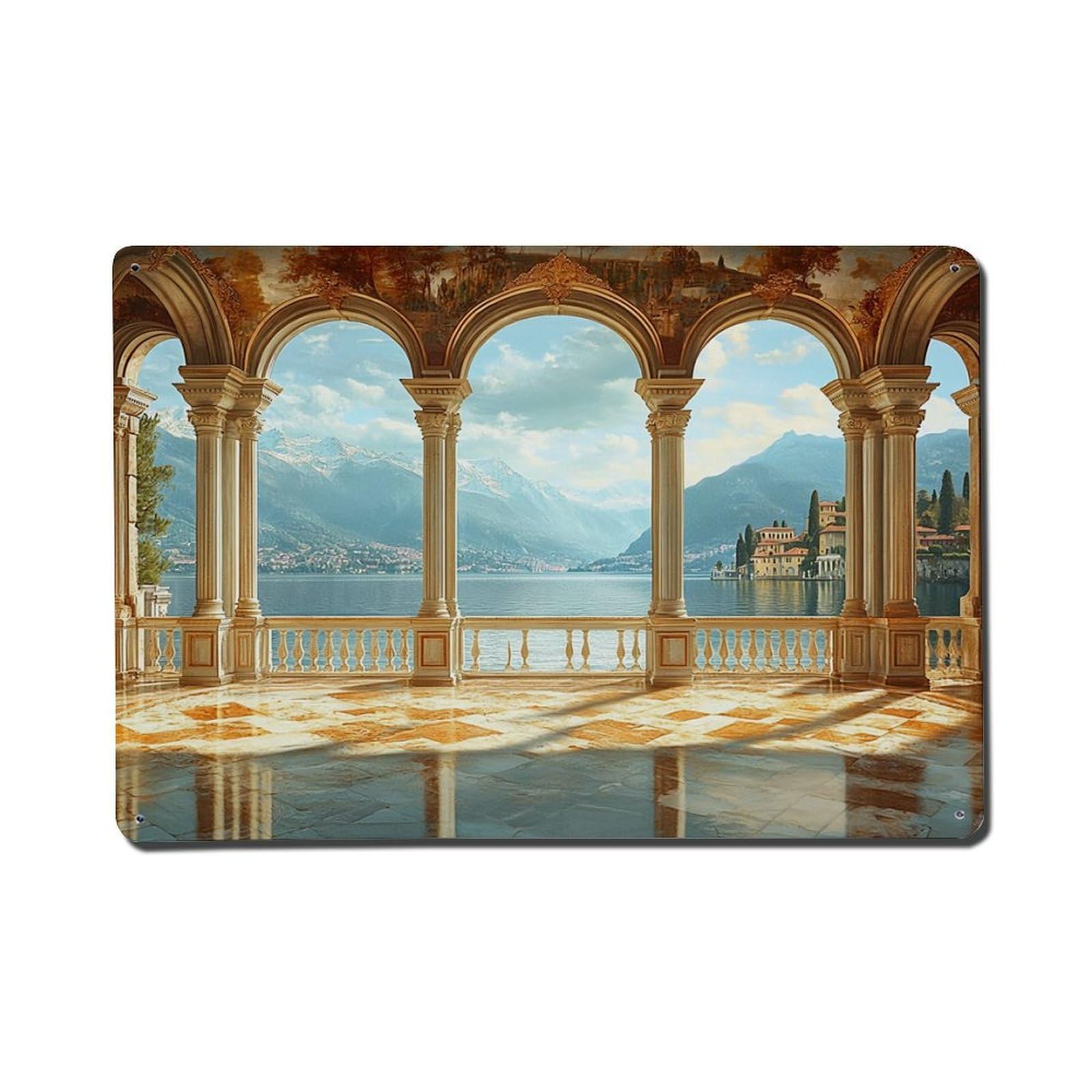 Architectural Landscape View Balcony Columns Metal Tin Sign Plaque