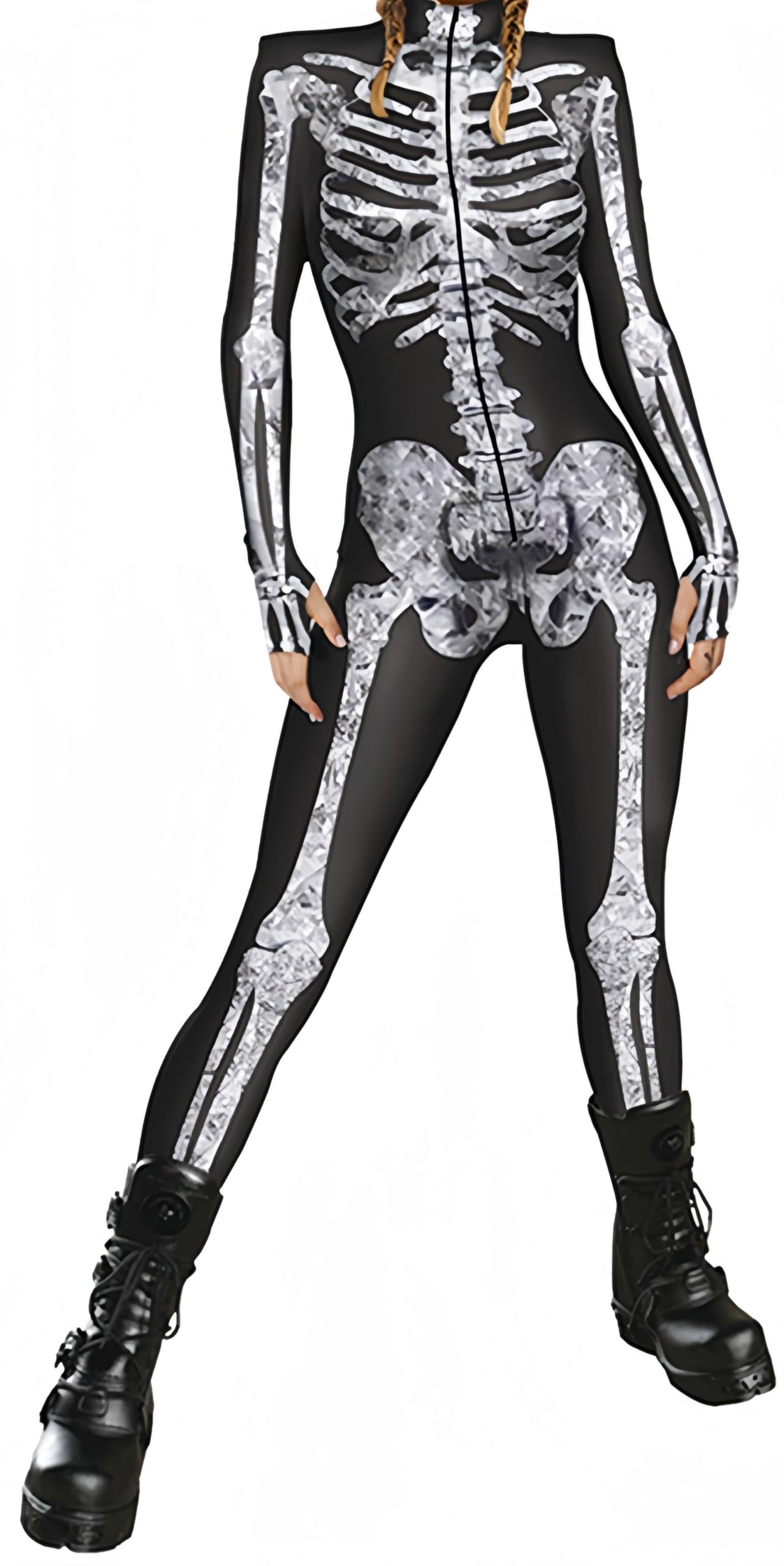 Ocean Plus Tuta da Donna con Scheletro di Halloween Stampa Digitale Taglio Sottile a Maniche Lunghe Monoblocco Collant