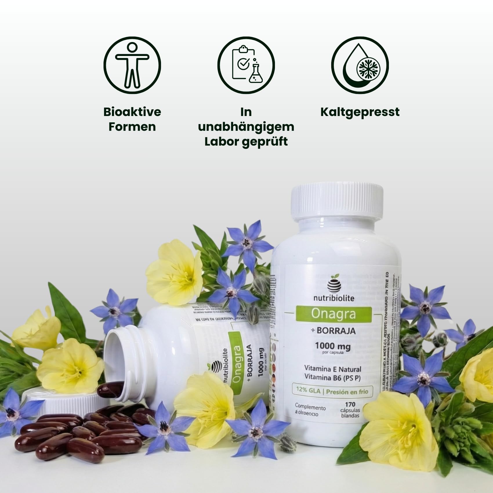 Nachtkerze + Borretsch 1000 mg - 12% GLA, Natürliches Vitamin E und B6 P5P für Hormonelles Gleichgewicht, PMS, Menopause und Hautgesundheit - 170 Perlen - kaltgepresst | Nutribiolite
