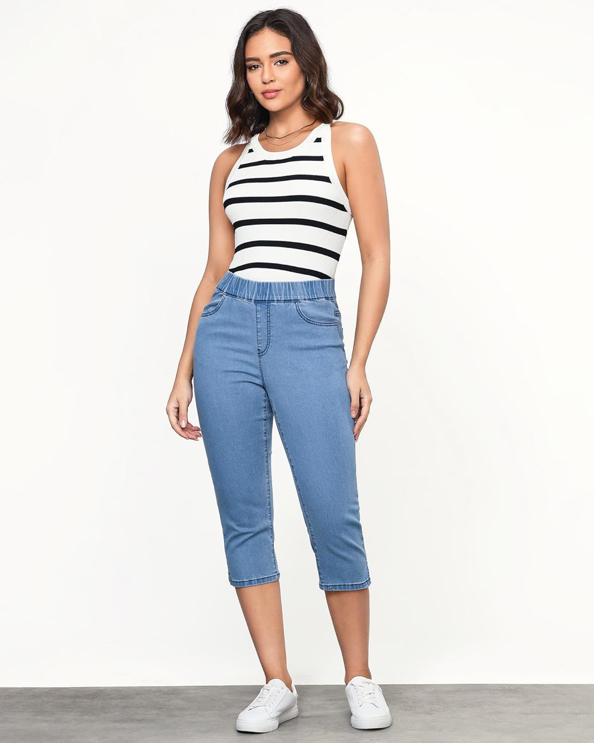 GRAPENT Capris Jeans for Women High Waisted Trendy Pull On Elastic Waist Split Hem Skinny Stretchy Denim Capri Pants - Image 2