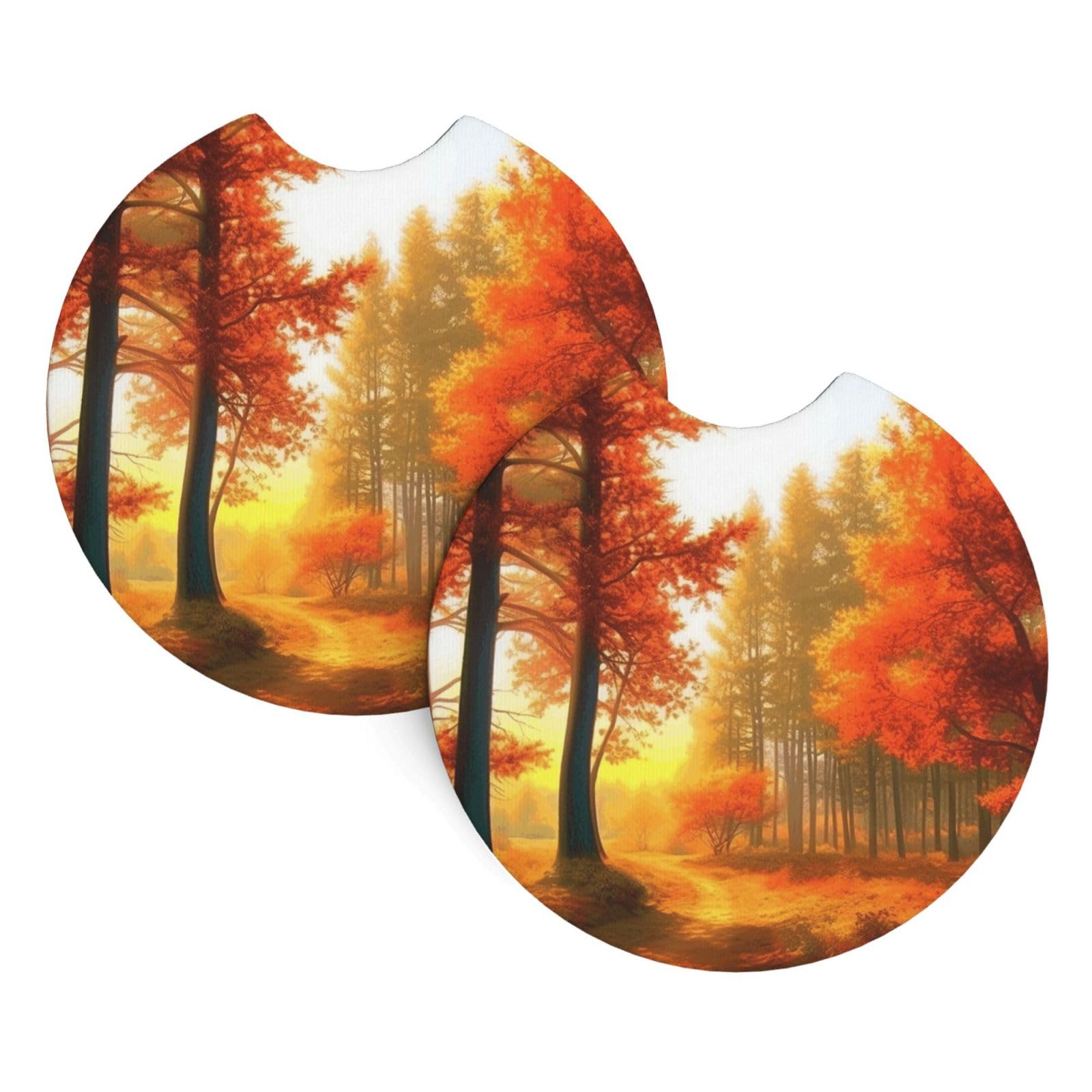 2PCS Car Coaster for Cup Holders Universal Auto Cup Mat Autumn Trees Scenery Cup Coaster Pad 2.7" Waterproof Neoprene Non-Slip Cup Holder Coasters Car Interior Accessories for Women Men