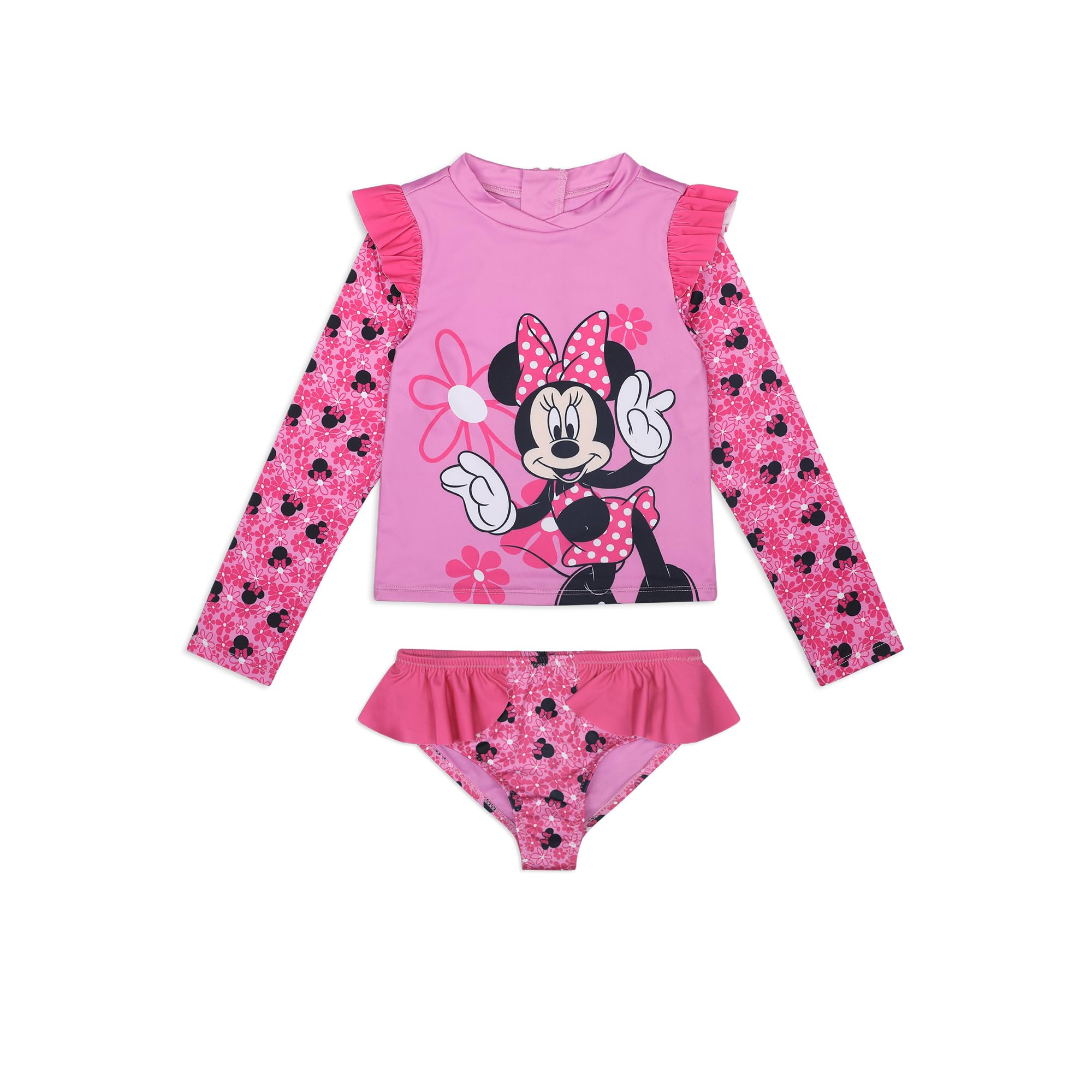 Disney Minnie Mouse Stitch Girls UPF 50+ Long Sleeve Rash Guard and Bikini 2-Piece Swimsuit Set for Toddler to Big Kids
