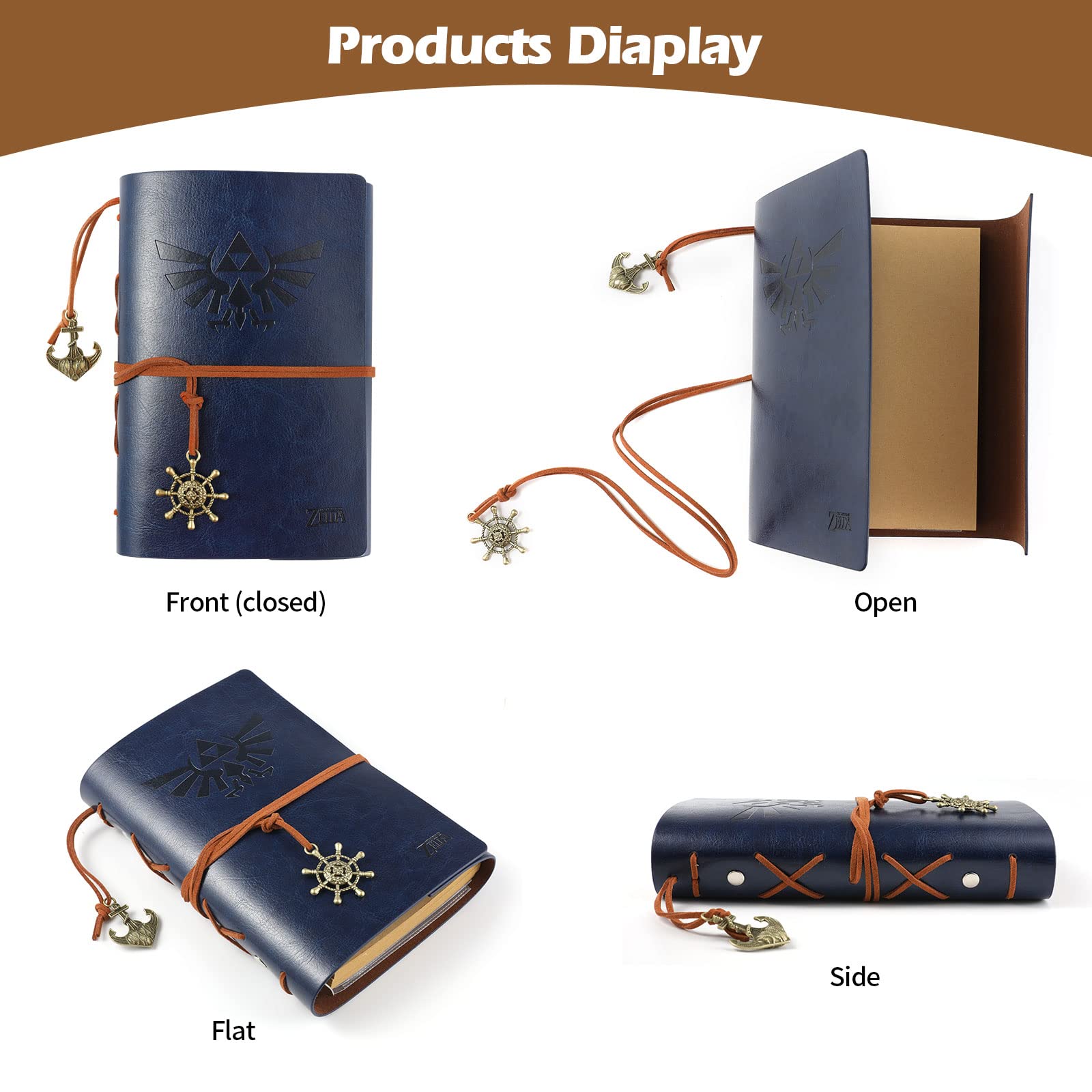 WIHCBEEN Vintage PU Leder nachfüllbares Notizbuch für Tagebuch, geprägtes Reisetagebuch mit leeren Seiten, Kartenhalter und Retro-Anhänger, Blau