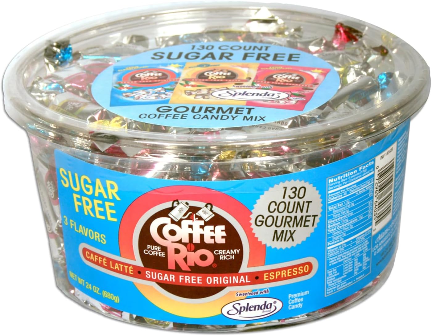 Coffee Rio Assorted Flavors Sugar Free Coffee Candy (Caffé Latté, Original, & Espresso), 24 oz Tub (130 Gourmet Mix) - Individually Wrapped Hard Candies Blended w/Fresh Dairy Cream - Kosher Certified