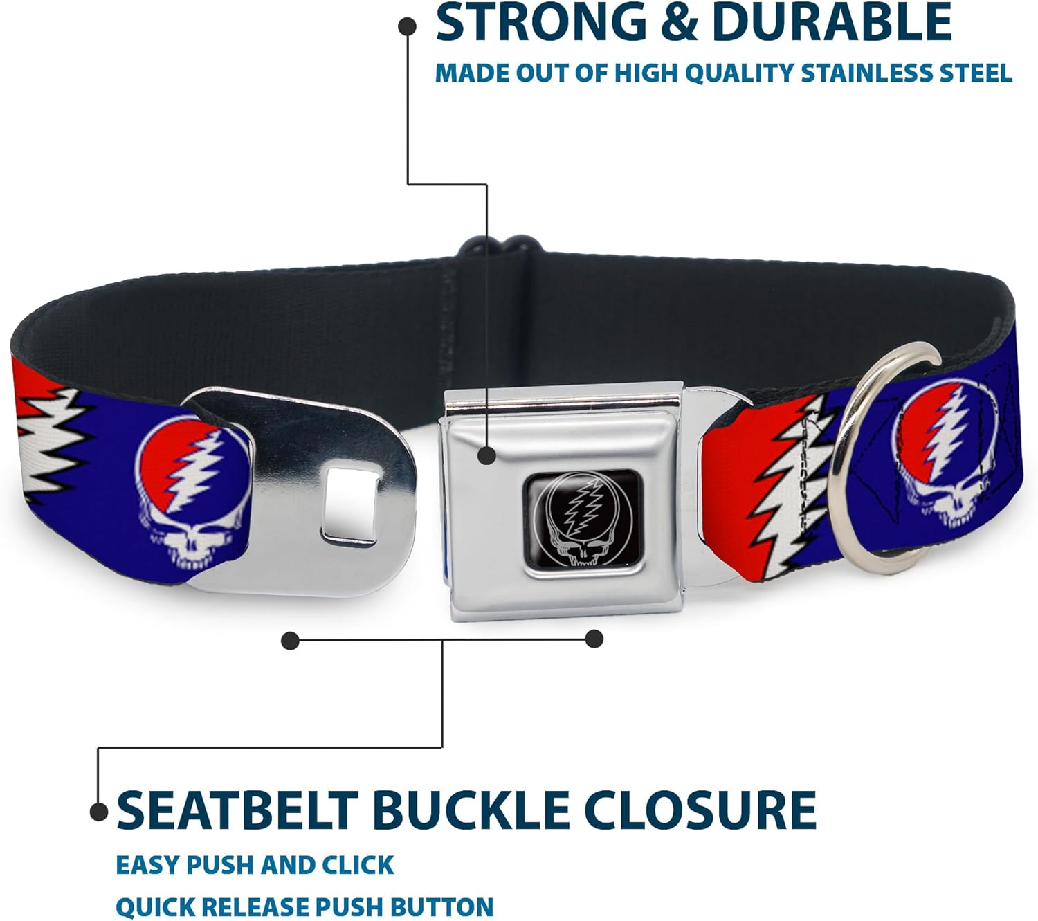 Buckle-Down DC-WGD019-WS Seatbelt Dog Collar, Wide Small, Steal Your Face w/Lightning Bolt Repeat Red/White/Blue, Multicolor, 1.5"" Wide - fits 13-18"" Neck - Small