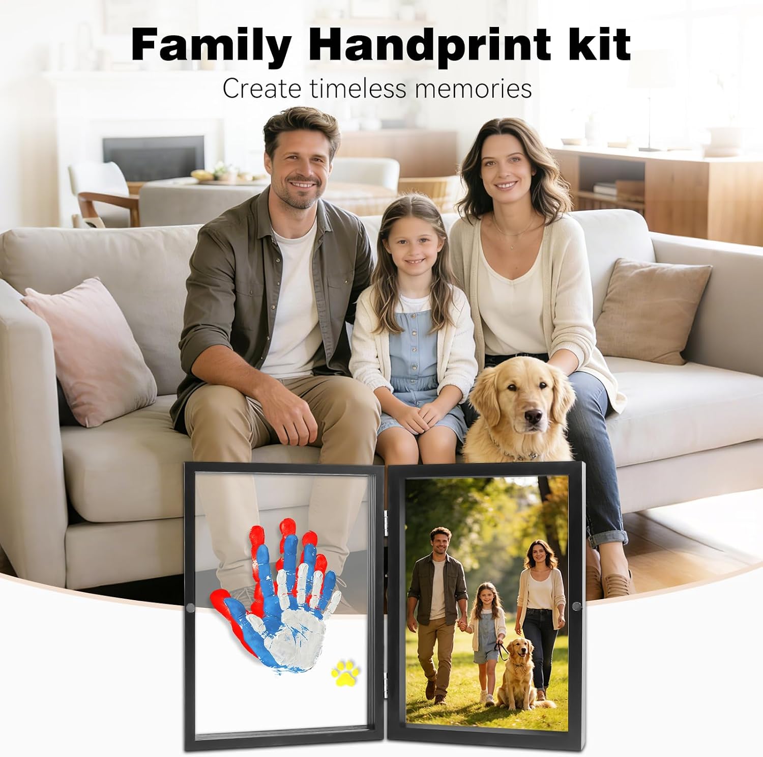 Pequecom Family Handprint Kit for 4,DIY Baby Hand and Footprint Handmade Keepsake Wooden Frame with 6 Non-Toxic Paints for New Parents,Christmas,Baby Shower,Family Keepsake,Gifts for Parents Grandparents