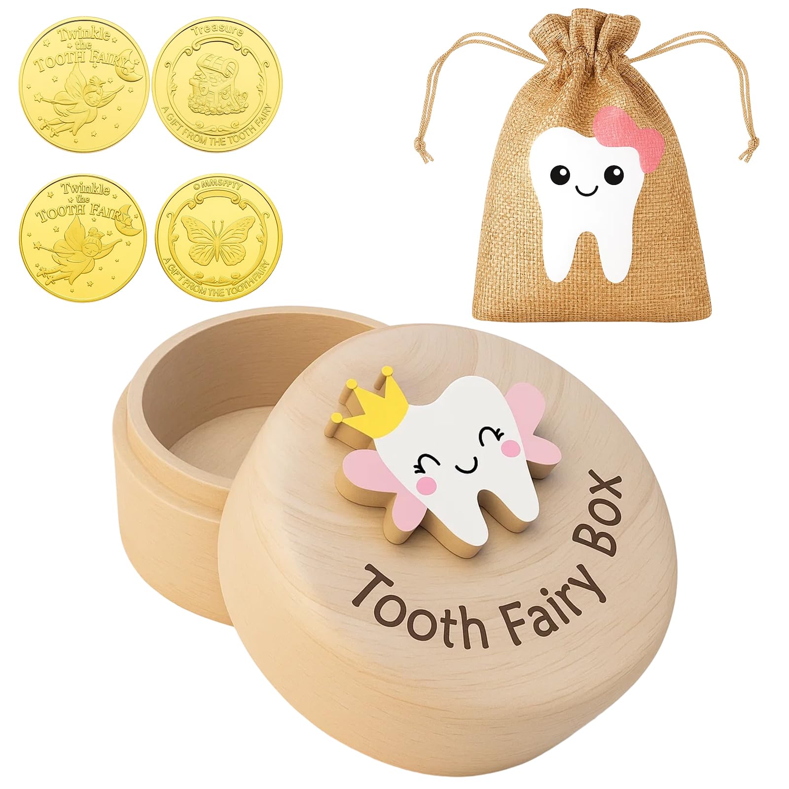 Wnzdp 4Pcs Tooth Fairy Kit with Wooden Box, Keepsake Bag, and 2 Coins
