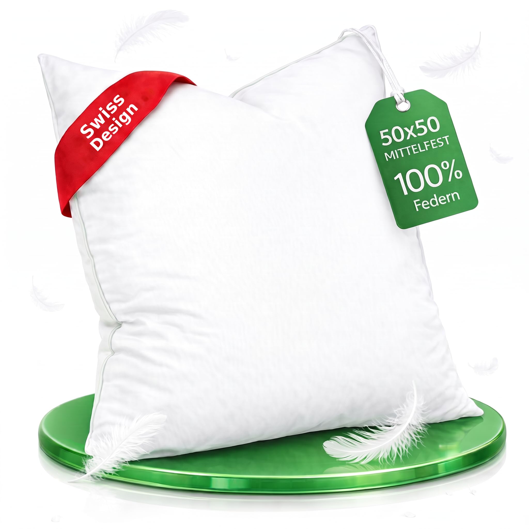 Welldora Federkissen 1 Stück 50x50, Kopfkissen & Sofa, 100% Federn, medium | Kopfkissen Bett & Sofa | Besonders feine Federn | Formbar & stützend | Schadstoffgeprüft & RDS-zertifiziert | Schweizer Marke