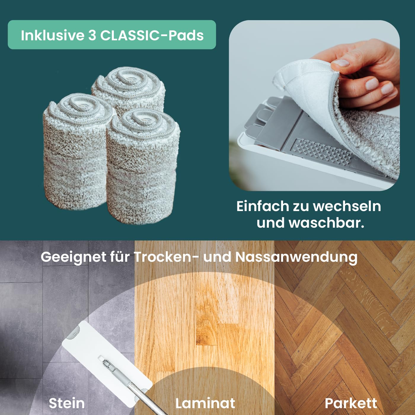 Bodenwischer Set mit Eimer - trennt Schmutz - von Frischwasser - innovatives 3 Kammer Wischmop Putzset + Auswringfunktion - Classic [Neu mit verlängerter 140cm Stange bestellen!]