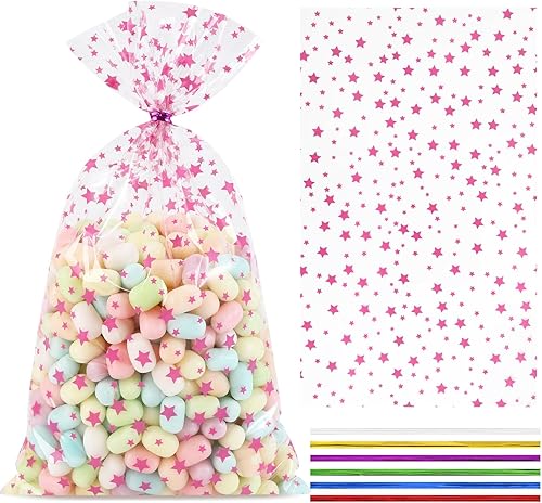 COQOFA 100 bolsas de regalo de estrella rosa de 7 x 12 pulgadas, bolsas de regalo de celofán, bolsas de regalo de fiesta, bolsas de plástico