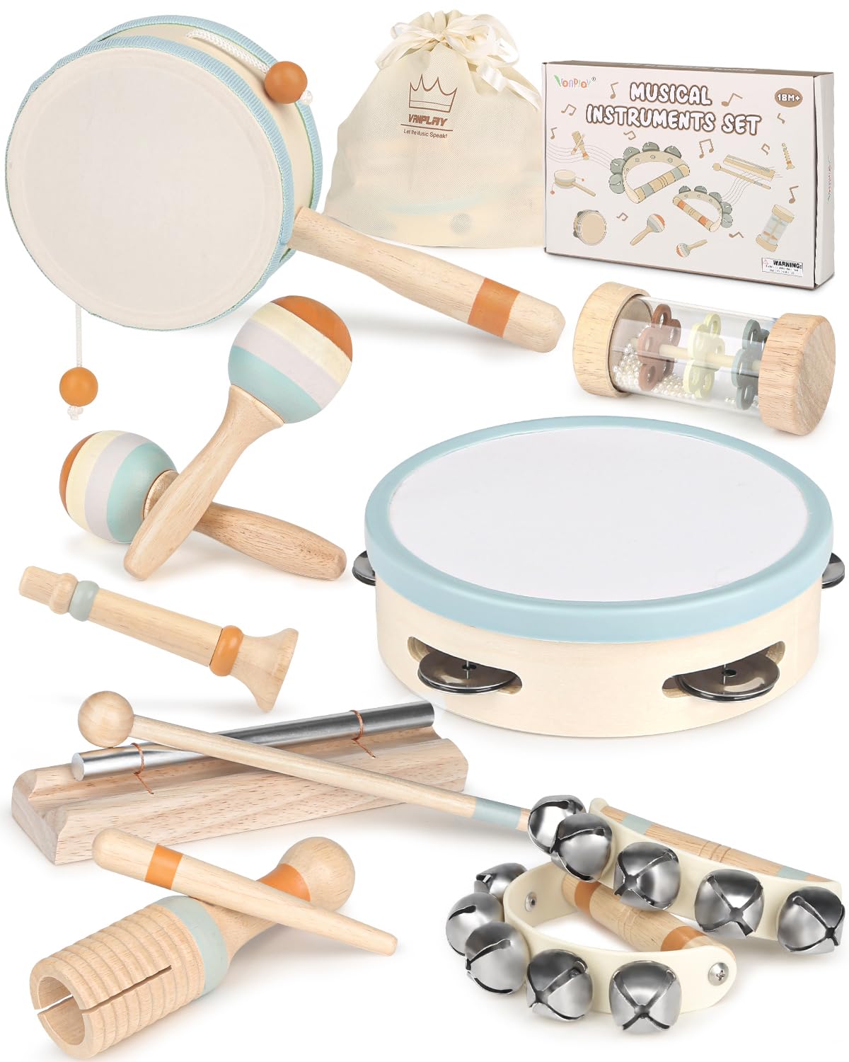 Vanplay Instrumenty muzyczne dla dzieci, zabawka drewniana, zabawka Montessori, bęben dla dzieci, zabawka muzyczna