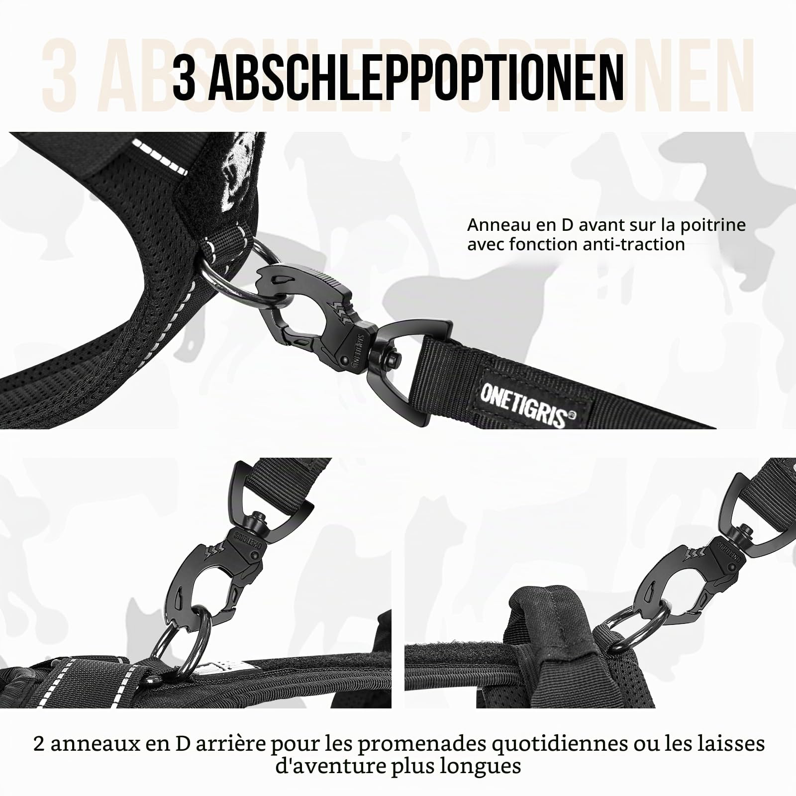 OneTigris Harnais tactique réglable Diesel - Harnais tactique doux et rembourré pour chiens de taille moyenne et grande taille - Avec réfléchissant, 1 poignée, 3 anneaux en D (noir, taille M)