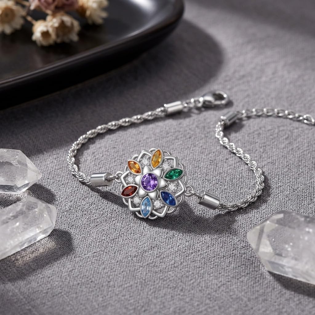 DAYLINLOVE 7 Chakra Armband 925 Sterling Silber Blume des Lebens/Lotus Abalone Muschel Armbänder Chakra Schmuck Geschenk für Damen Frauen Mädchen