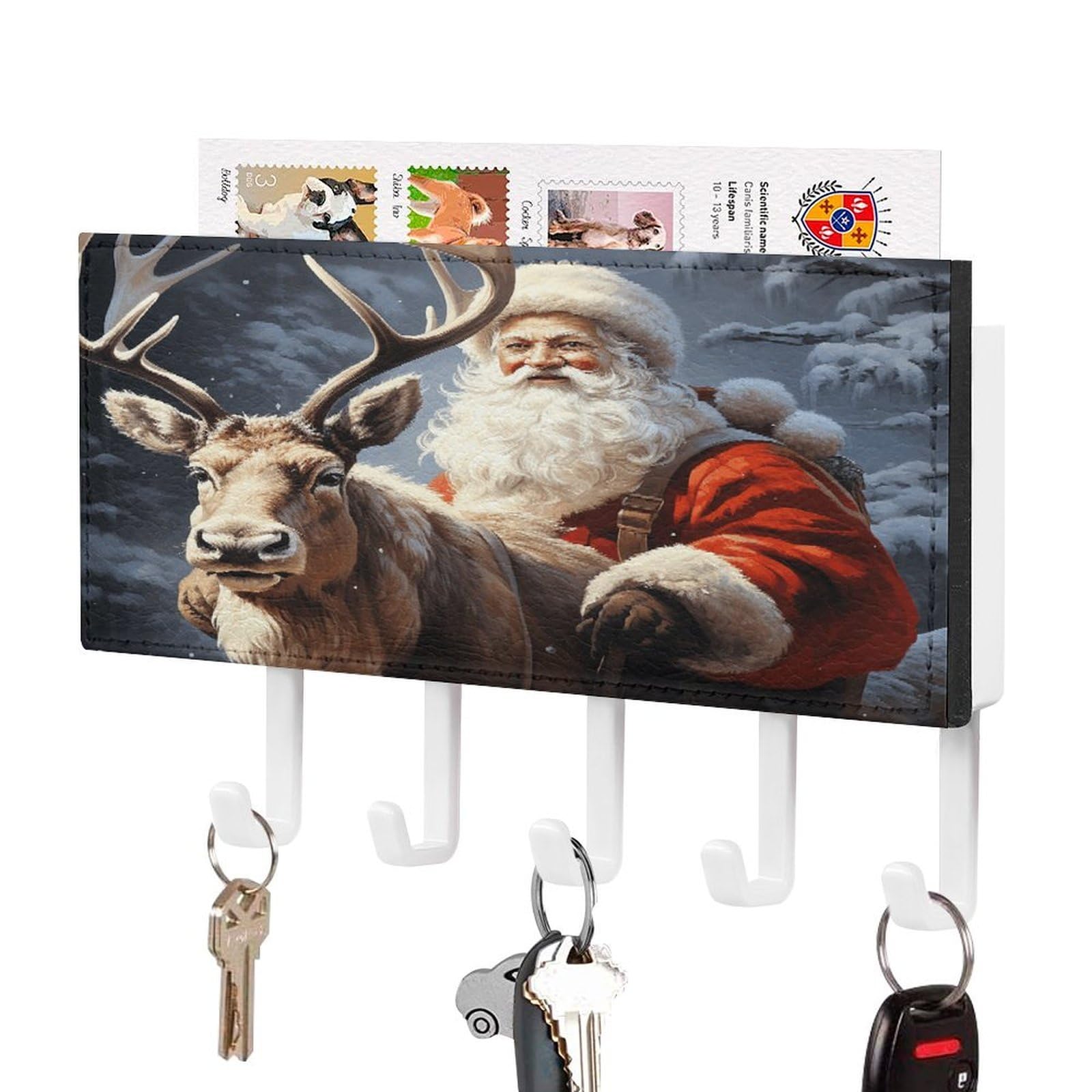 Vstadank White-Style Santa Claus And Deer Elk Key Holder Wall Mount Easy Installation Key Racks With Tray Farmhouse Wall Shelf With 5 Hooks Self Adhesive Key Hanger And Mail Holder For Entryway Home Decor