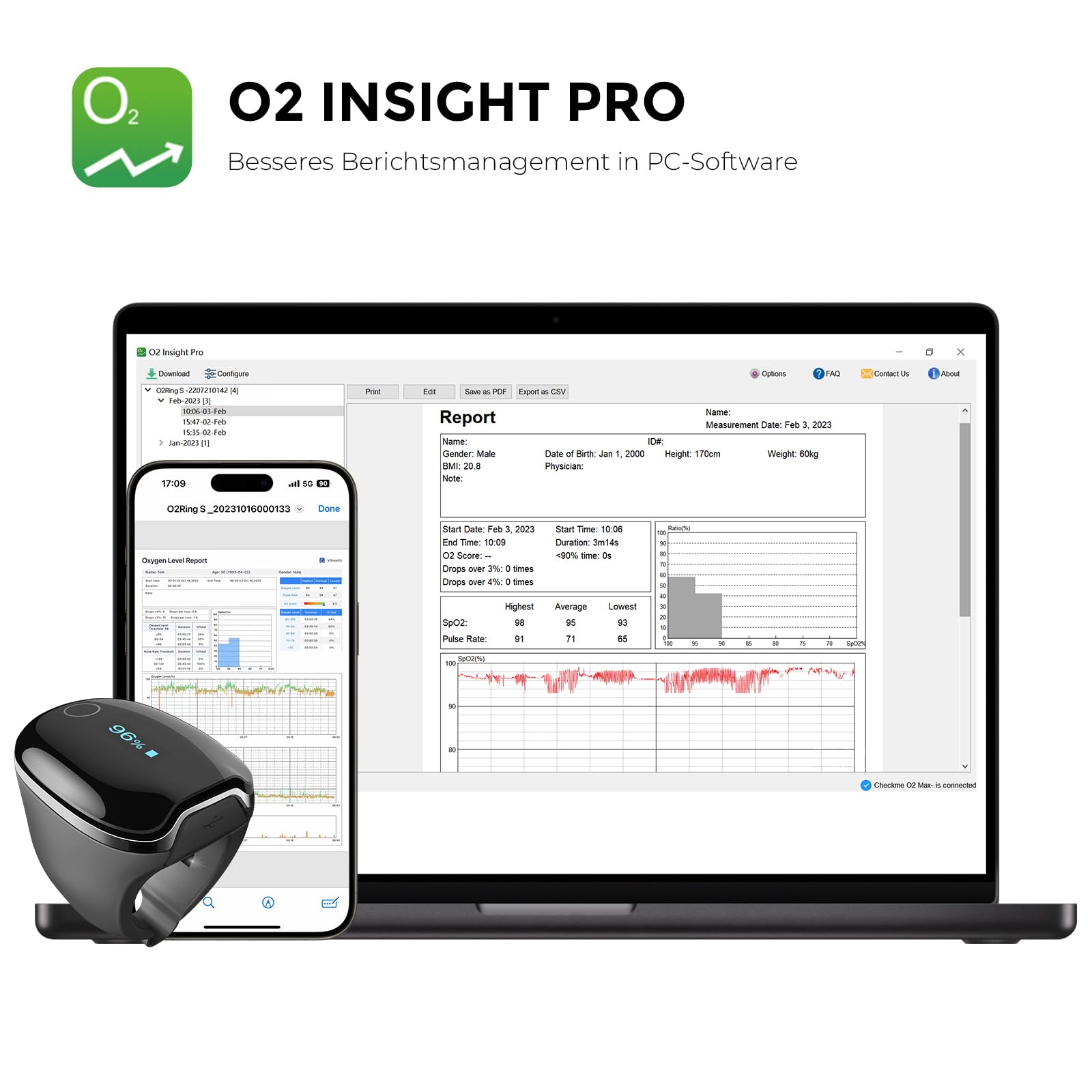 Wellue O2Ring-S Schlaf Pulsoximeter mit Vibrationserinnerung, 24 Std Akkulaufzeit Bluetooth Wiederaufladbar Sauerstoffsättigung Messgerät Finger, Schlaftracker mit 4 * 10 Stunden Eingebauter Speicher