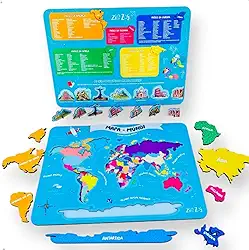 Quebra Cabeça Infantil Mapa Múndi De Madeira Com As 7 Maravilhas Do Mundo