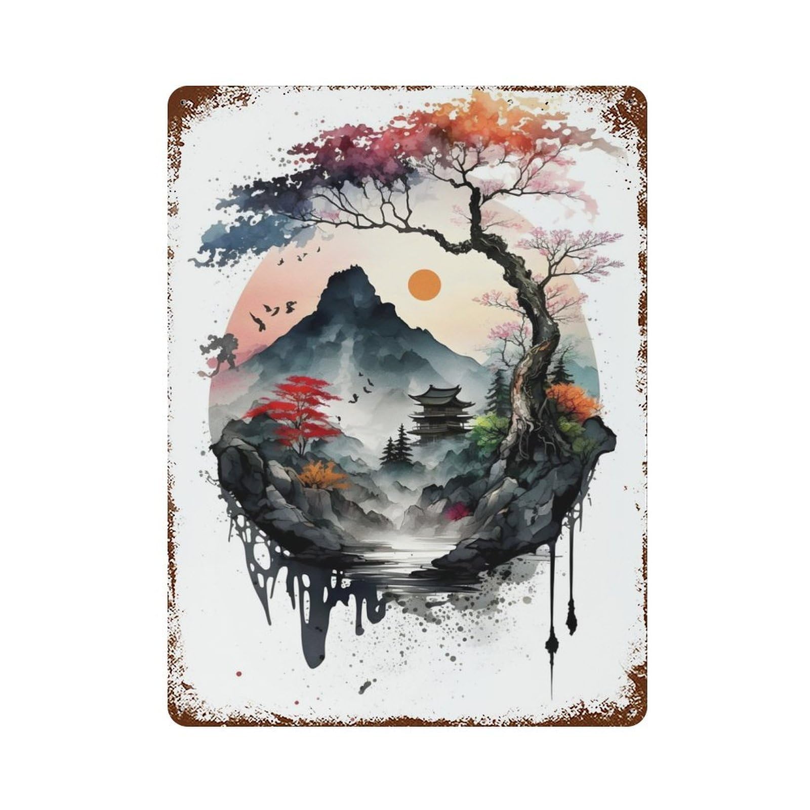 Watercolors Japanese 4 Vintage Metal Tin Sign 15.7"x11.8", Farmhouse Wall Decor for Living Room, Hallway And Home Decor