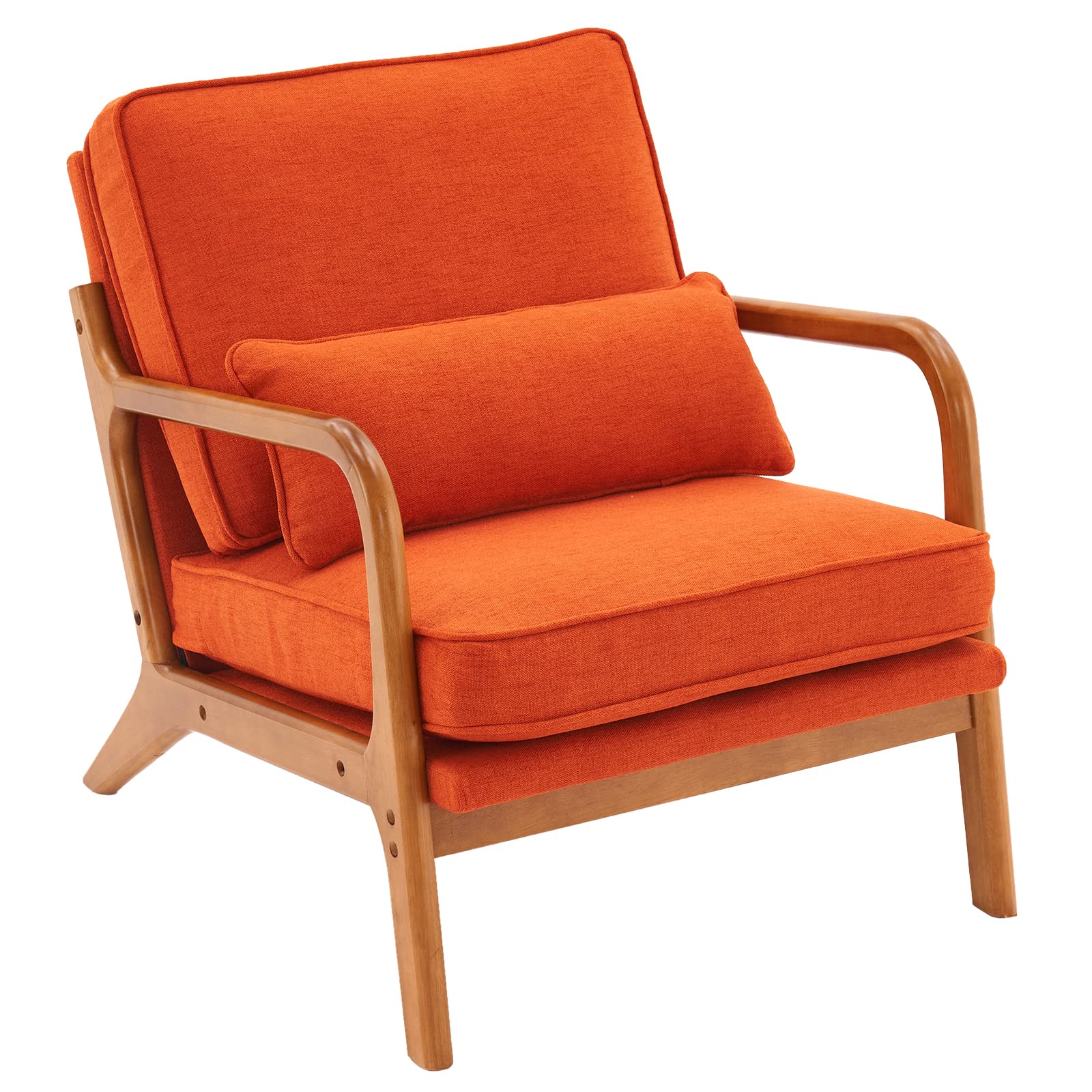 VINGLI Arm Chairs,Mid Century Modern Accent Chairs with Solid Wood Frame,Upholstered Armchair with Lumbar Pillow,Chairs for Living Room,Bedroom,Small Spaces,Linen (Orange)