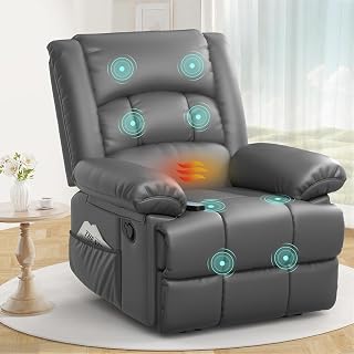 Recliner Armchair for Adults, Recliner Chair with Massage & Heat, Padded Armrest Adjustable Legrest Backrest, Manual Reclining Chair for Living Room Sofa Chair with 2 Side Pockets