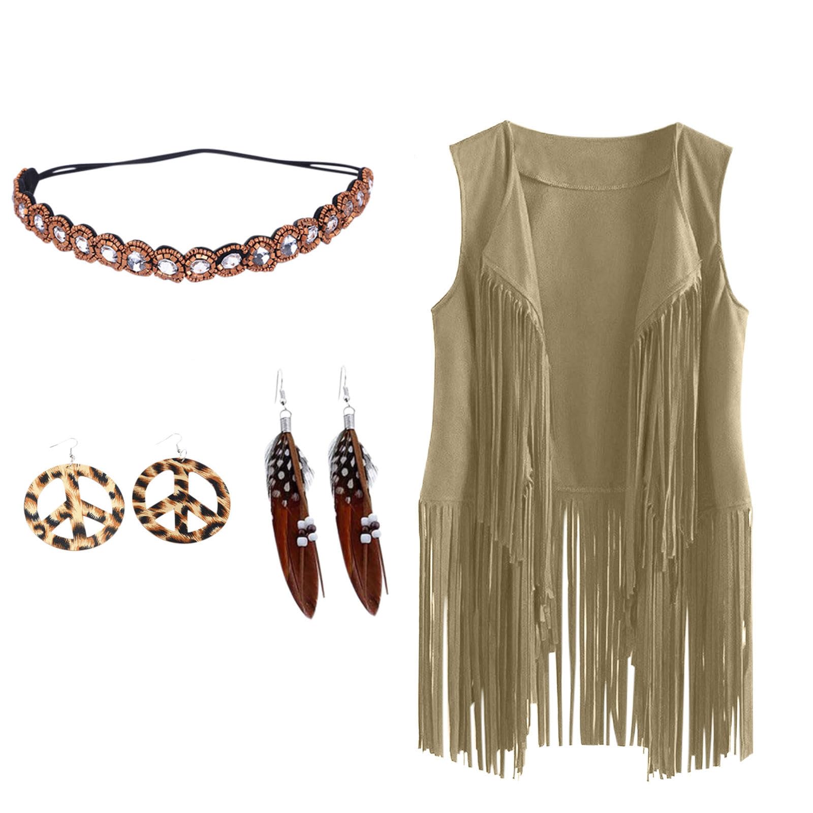 4 Piezas de Disfraz de Hippie Mujer, Accesorios Hippie Disfraz Años 70 Chaleco Chaleco de Verano para Mujer, Chaleco con Flecos para Fiesta Hippie Carnaval Halloween Navidad
