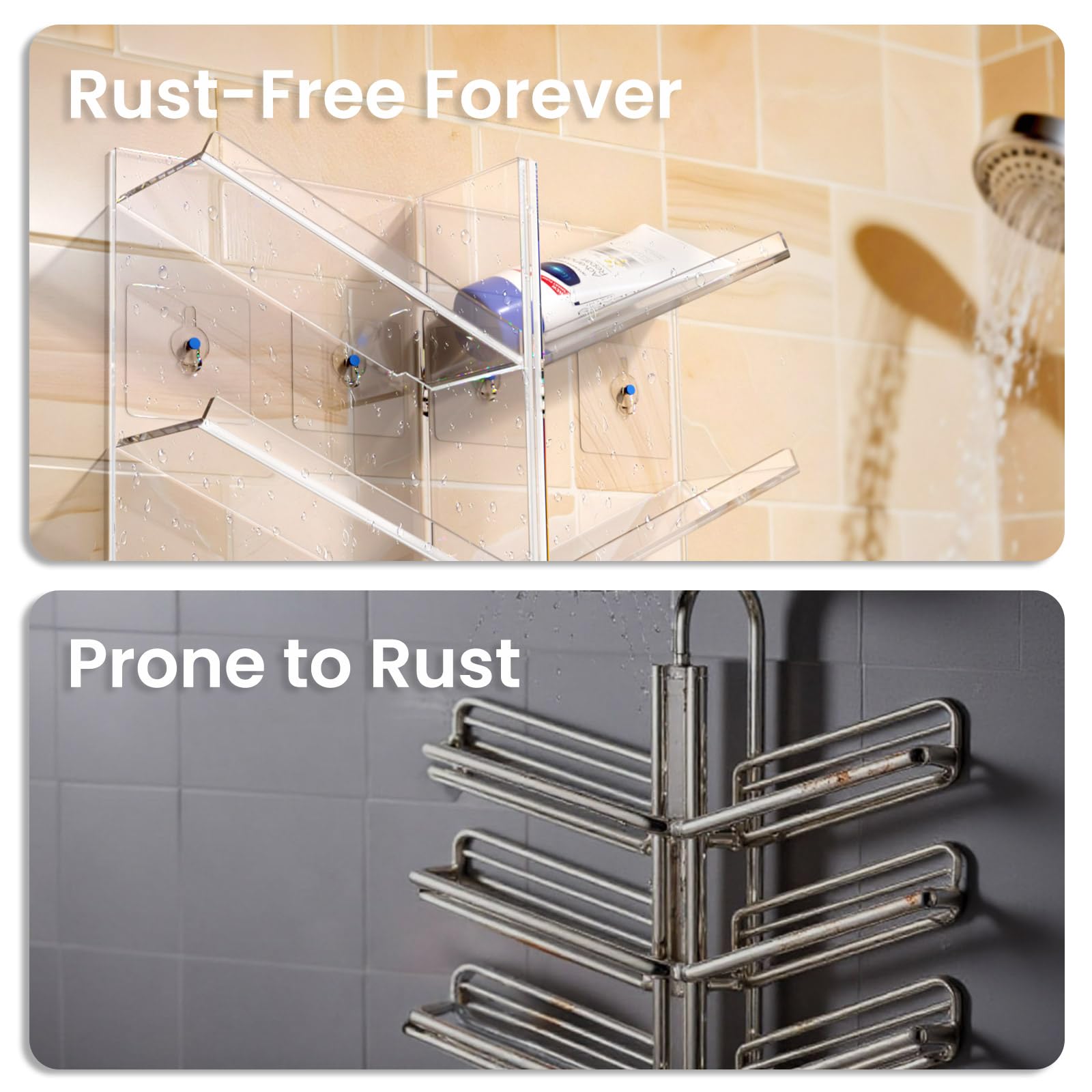 Organizador de baño acrílico, soporte para champú transparente montado en la pared, organizador de ducha con ventosa, sin perforaciones y a prueba de óxido, resistente y duradero, estante 4
