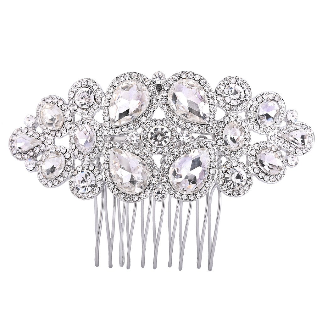 EVER FAITH Women's Rhinestone Crystal Tear Drop Bridal Hair Side Comb Clear Silver-Tone