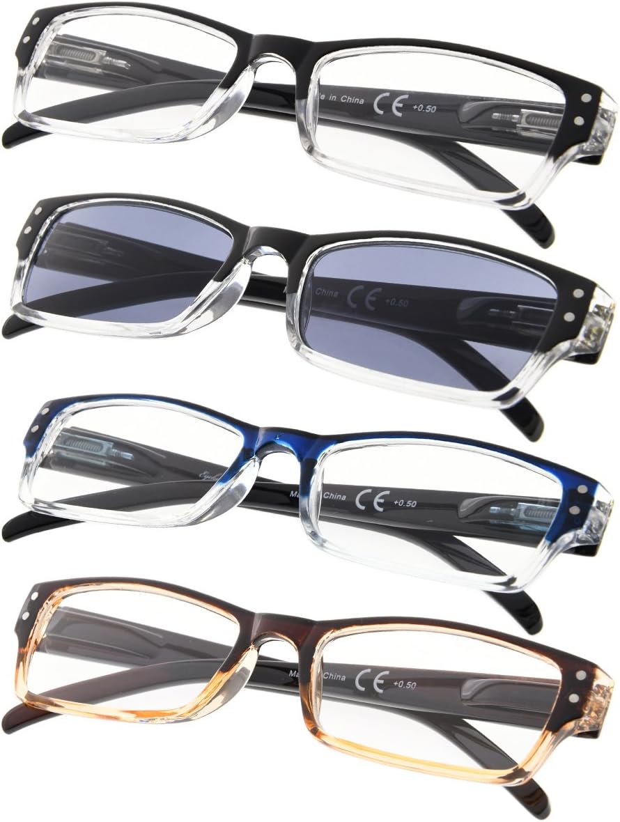 Gr8Sight4-pack Rectangular Reading Glasses with Spring Hinges Includes Sunshine Readers