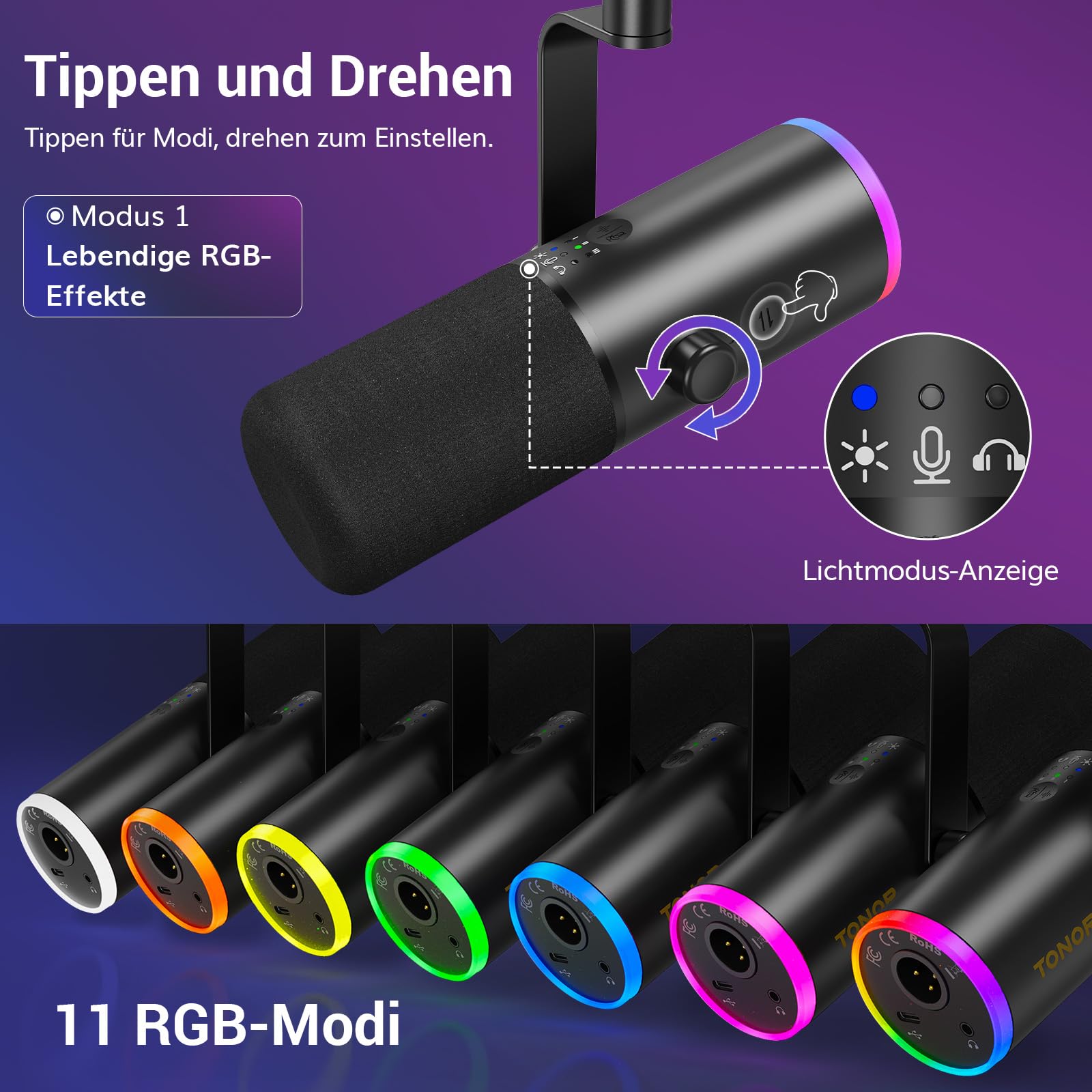 TONOR Dynamisches Gaming-Mikrofon, XLR/USB-Mikrofon für Streaming, AI-Geräuschunterdrückung, steuerbares RGB, Tap-Mute, 3,5-mm-Kopfhörerbuchse, Mikrofon mit Galgenarm, schwarz, TD510 AIR S+H