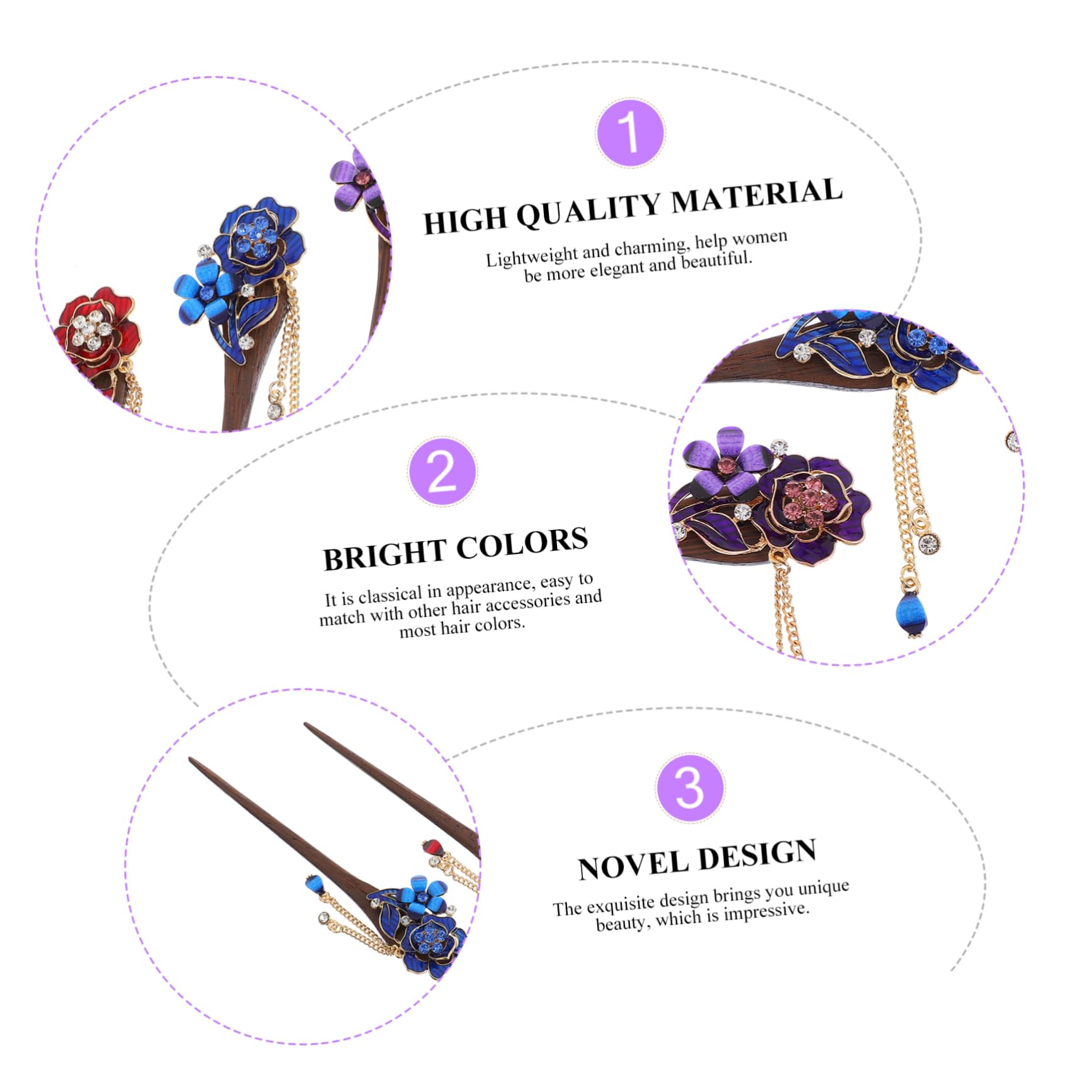DOITOOL 3 Set Di Forcine Cinesi in Legno Per Chignon Accessorio Per in Stile Design A Forma Di Fiore Di Cristallo Per Chignon in Stile 3 Pezzi*3