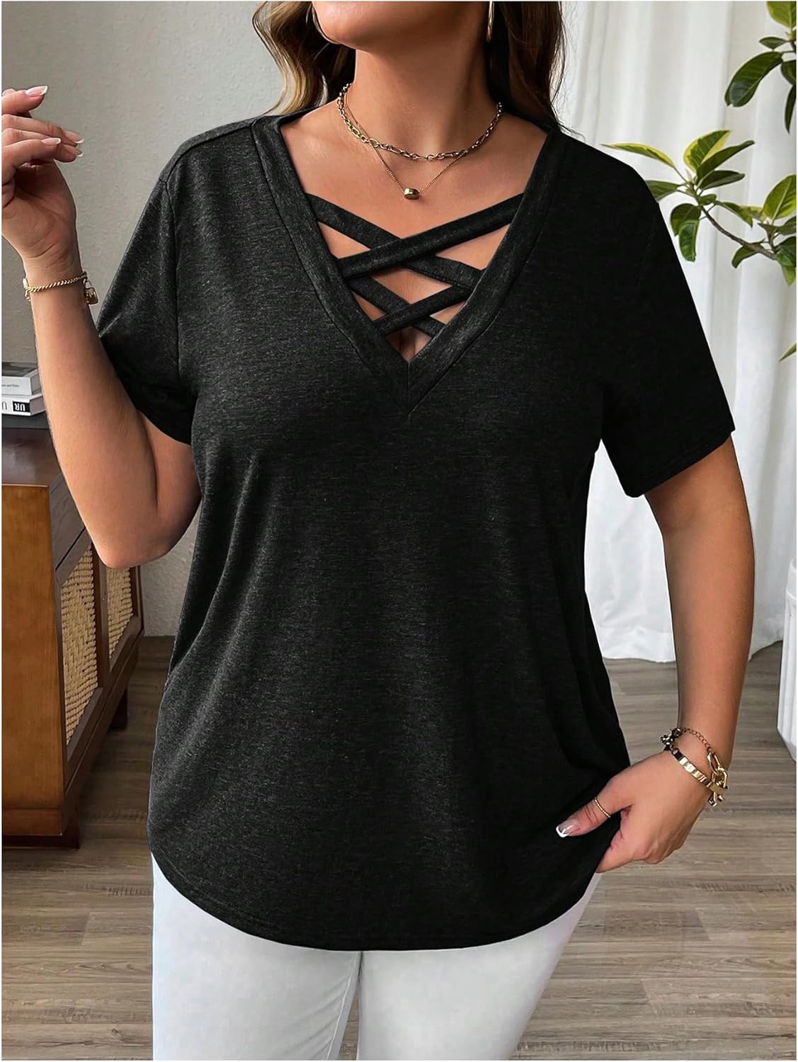SOLY HUX Women's Plus Size Criss Cross V Neck T Shirts Short Sleeve Loose Tee Tops - Image 5