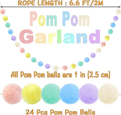 Miniatura 2 de Jishi Paquete de 3 guirnaldas de pompones de arcoíris pastel para colgar, decoración de Pascua, decoración del hogar para sala de estar, pared,