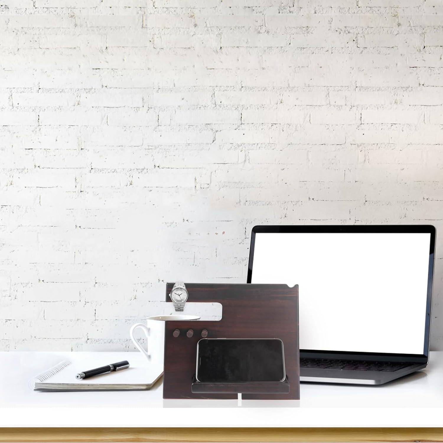 Amosfun Wooden Phone Stand and Desktop Storage Bracket for Desk Organizer with Watch Rack and Key Holder, Multifunctional Solid Wood Phone Base for Home Office Use