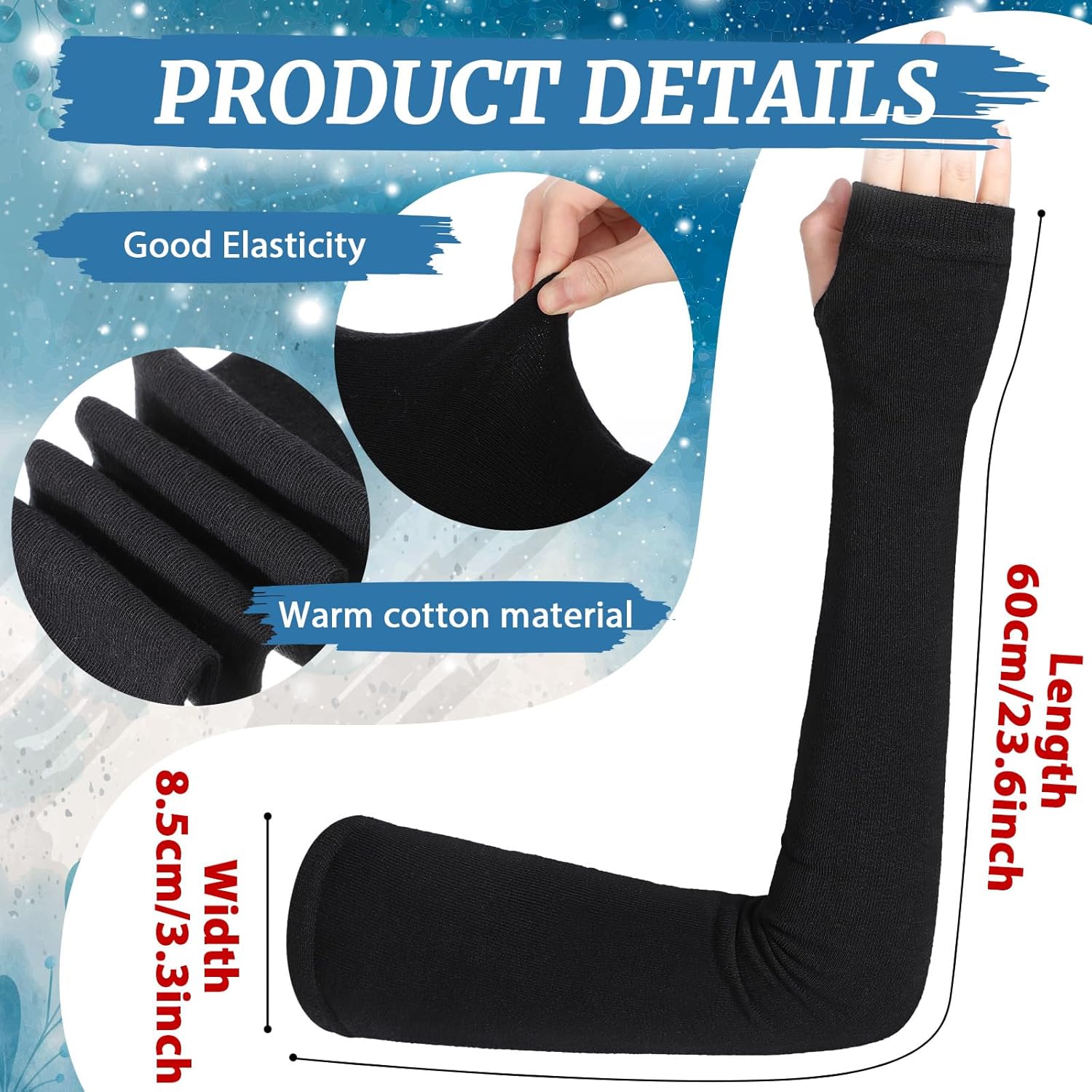 3 Pairs Arm Warmer Fingerless Gloves for Women Winter Cotton Thermal Arm Sleeves with Thumb Hole, 23.6 Inch - Image 2