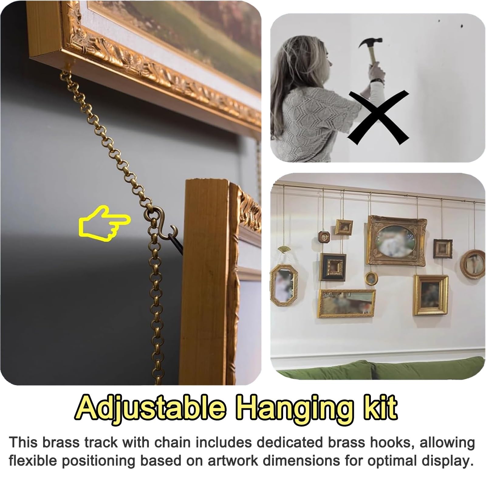 Cimaise Tableau Suspension De Tableaux avec Chaînes Et Crochets, Kit De Rail De Galerie en Laiton Doré, Système D'accrochage De Tableaux pour Décoration Murale Et Photo(1.15m (45.3in))