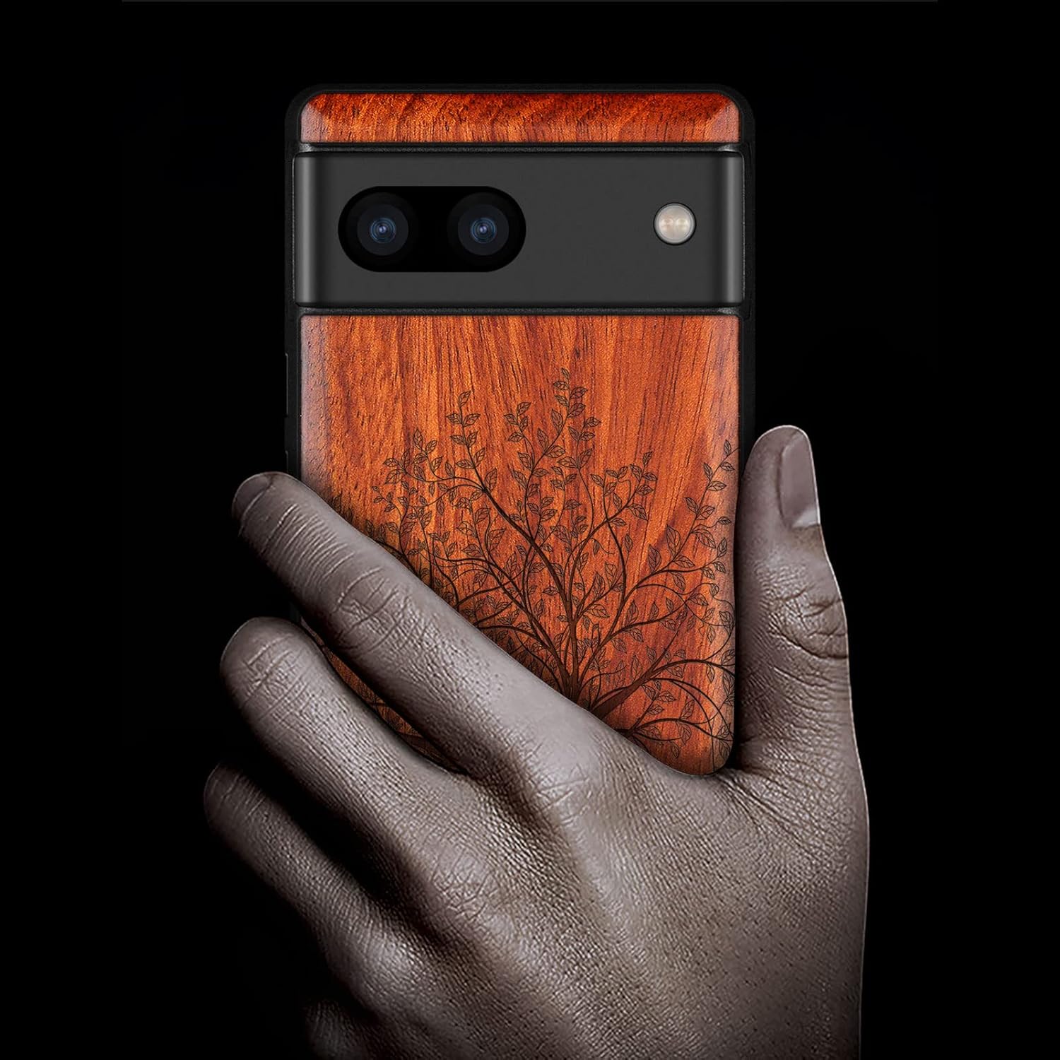 Carveit Wood Case for Pixel 7a Case [Natural Wood & Black Soft TPU] Shockproof Protective Unique & Classy Wooden Phone Cover Compatible with Google Pixel 7a (Leafy Tree-Rosy)