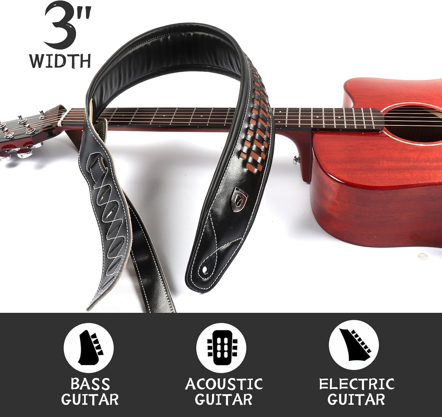 Guitar Strap Leather, Anti-Slip, Classic, Adjustable Soft Leather Strap for Acoustic, Electric and Bass Guitars