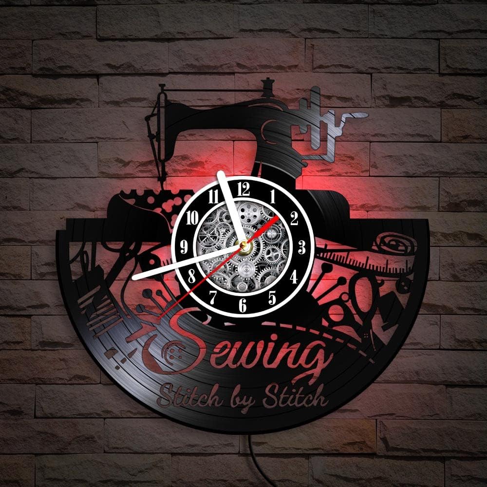 The Geeky Days LED Vinyl Record Wall Clock, Sewing Machine Quilting Tools Silent Non Ticking Clock 7 Color Light, Tailor Seamstress Sign 12inch Modern Hanging Watch Studio Decor