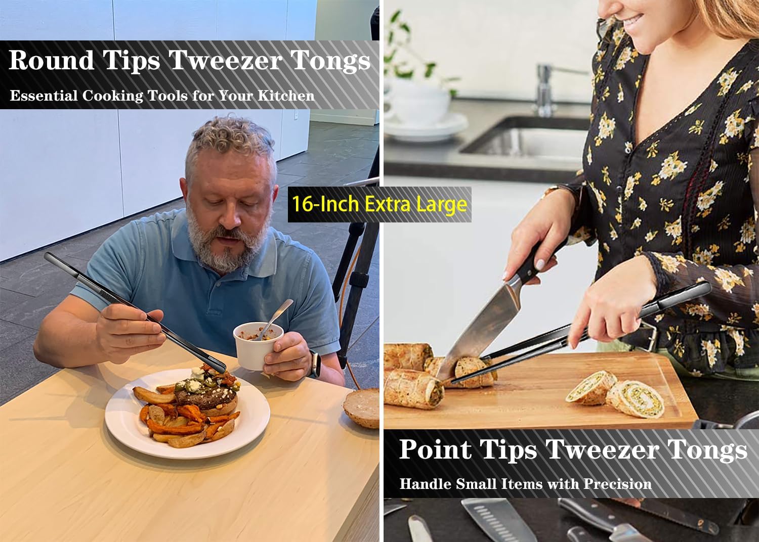 JETKONG 2 Pcs 16-Inch Kitchen Tweezers Tongs with Precision Serrated Tips, Stainless Steel Chef Tweezer Professional Cooking Tweezers for BBQ, Plating and Serving (16-Inch, Black)