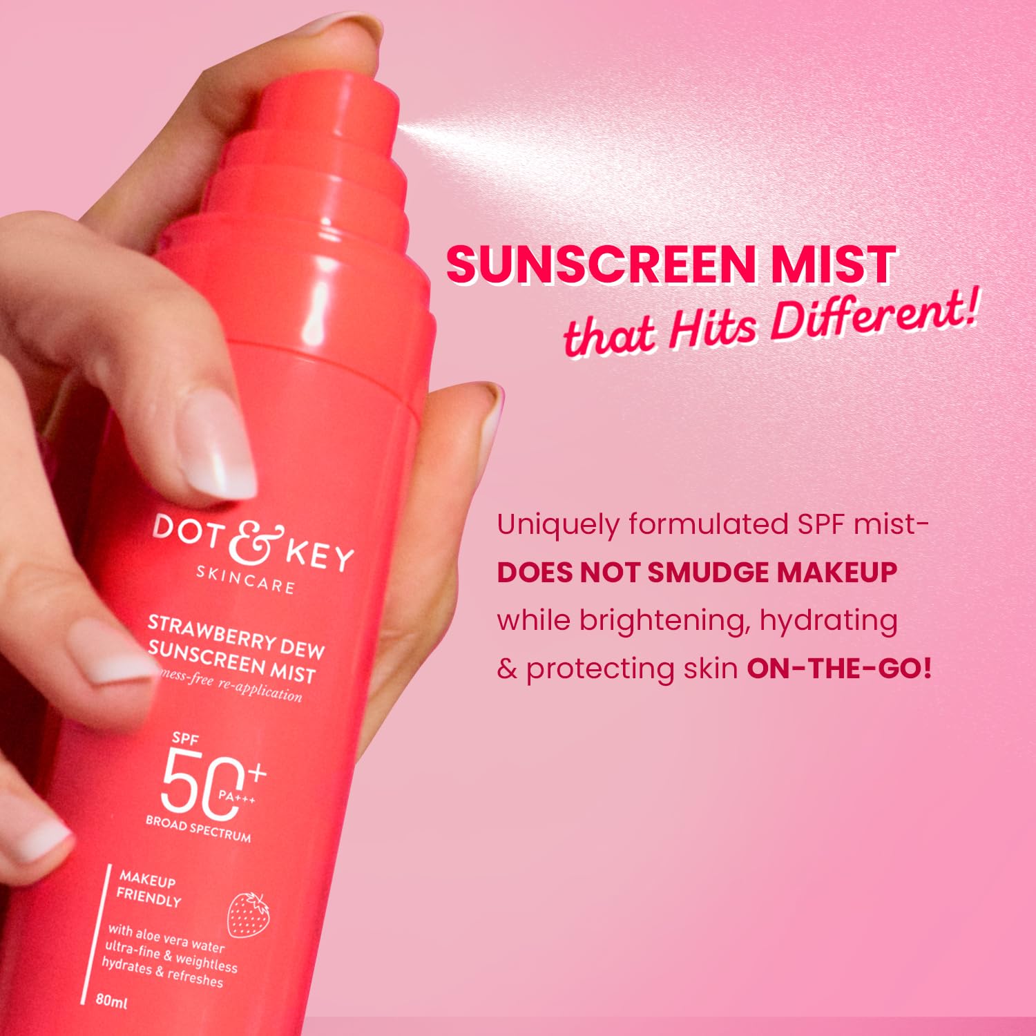 Dot & Key Strawberry + Niacinamide Sunscreen Mist SPF 50+ PA+++ | Brightens Skin, Makeup-Friendly, With Aloe Vera Water, Lightweight | Quick-Drying, Alcohol-Free, Hydrates & Refreshes | 80ml - Image 2