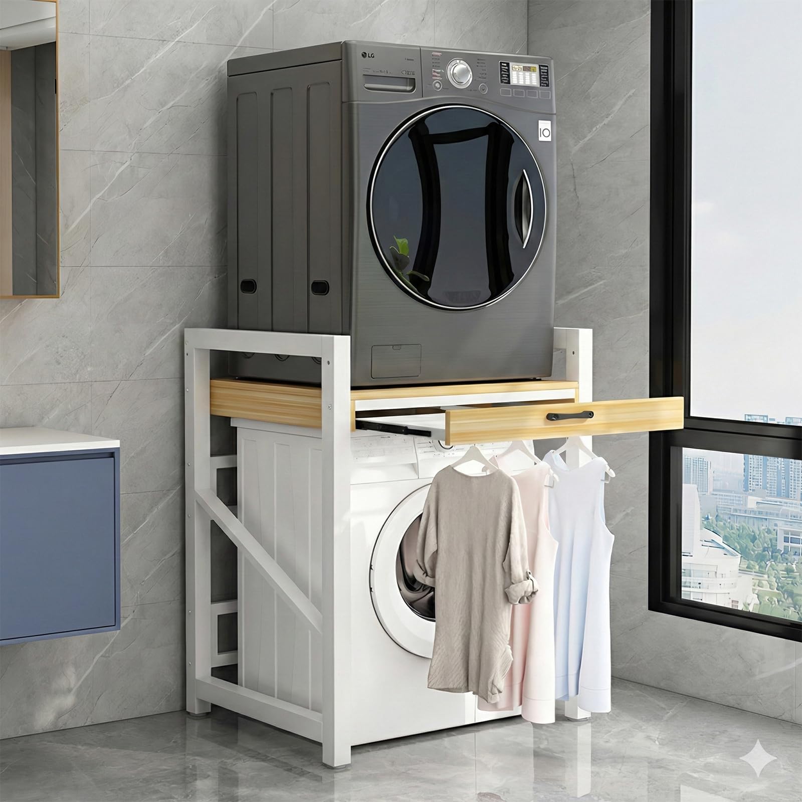 Washing Machine Storage Rack,2-Tiers Washer Dryer Stacking Rack with Retractable clothes rack,Space Saver,Load Capacity 350kg, for Bathrooms Laundry Rooms Balconies (White)