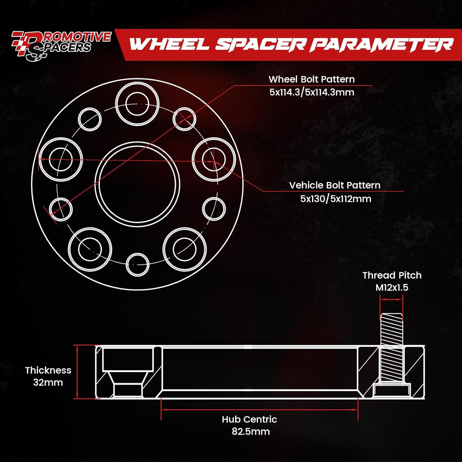 32mm (1.25") Wheel Adapters 5x112/5x130 to 5x114.3 (5x4.5), M12x1.5 Studs, Hubcentric for 5x114.3 Wheels on 5x112 5x130 Hubs (2PCS)