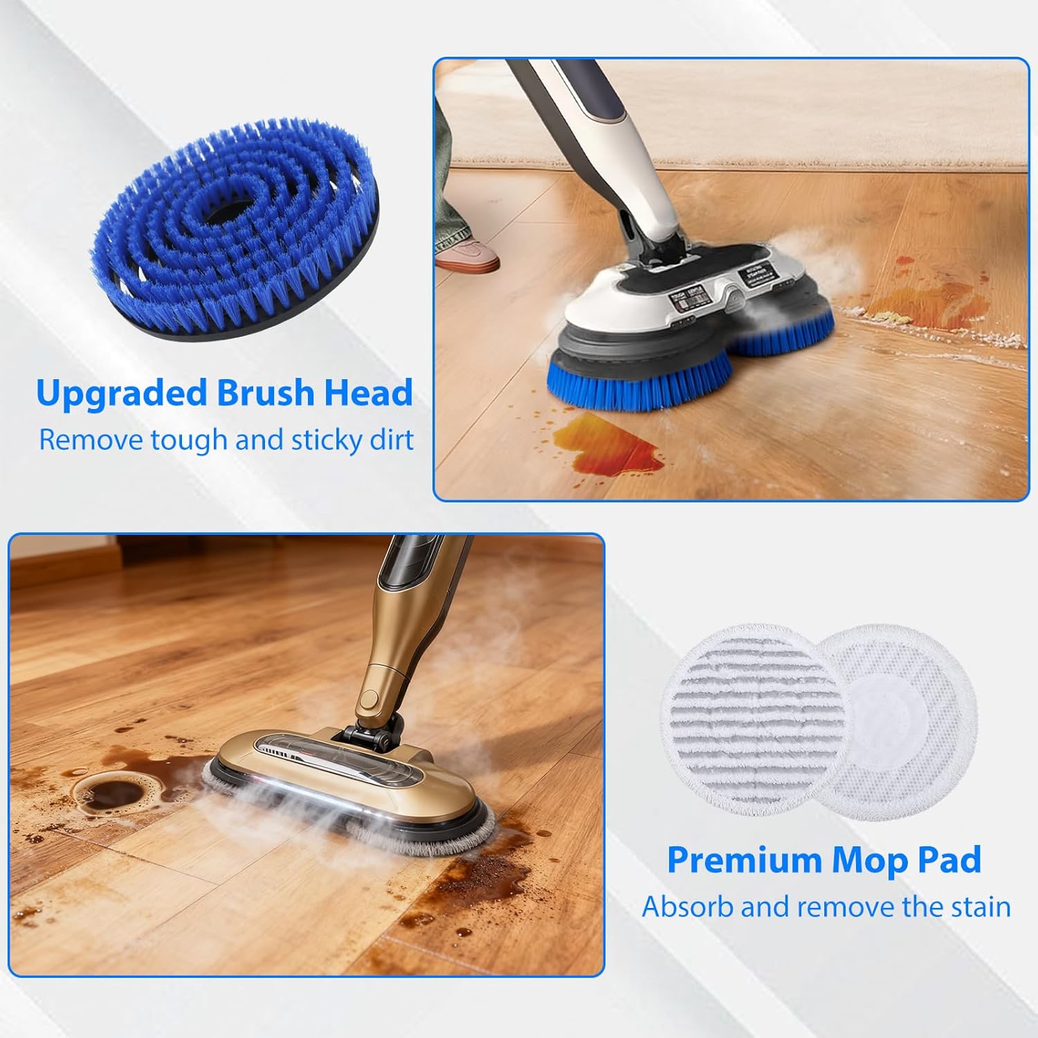 Steam Mop Pads Replacement Brush Head for Shark Steam Mop Professional Cleaning and Polishing Compatible with Shark S8201/S7000/S7001 Series for Deep Cleaning Hard Floors, 8 Mop Pads and 2 Brush Head