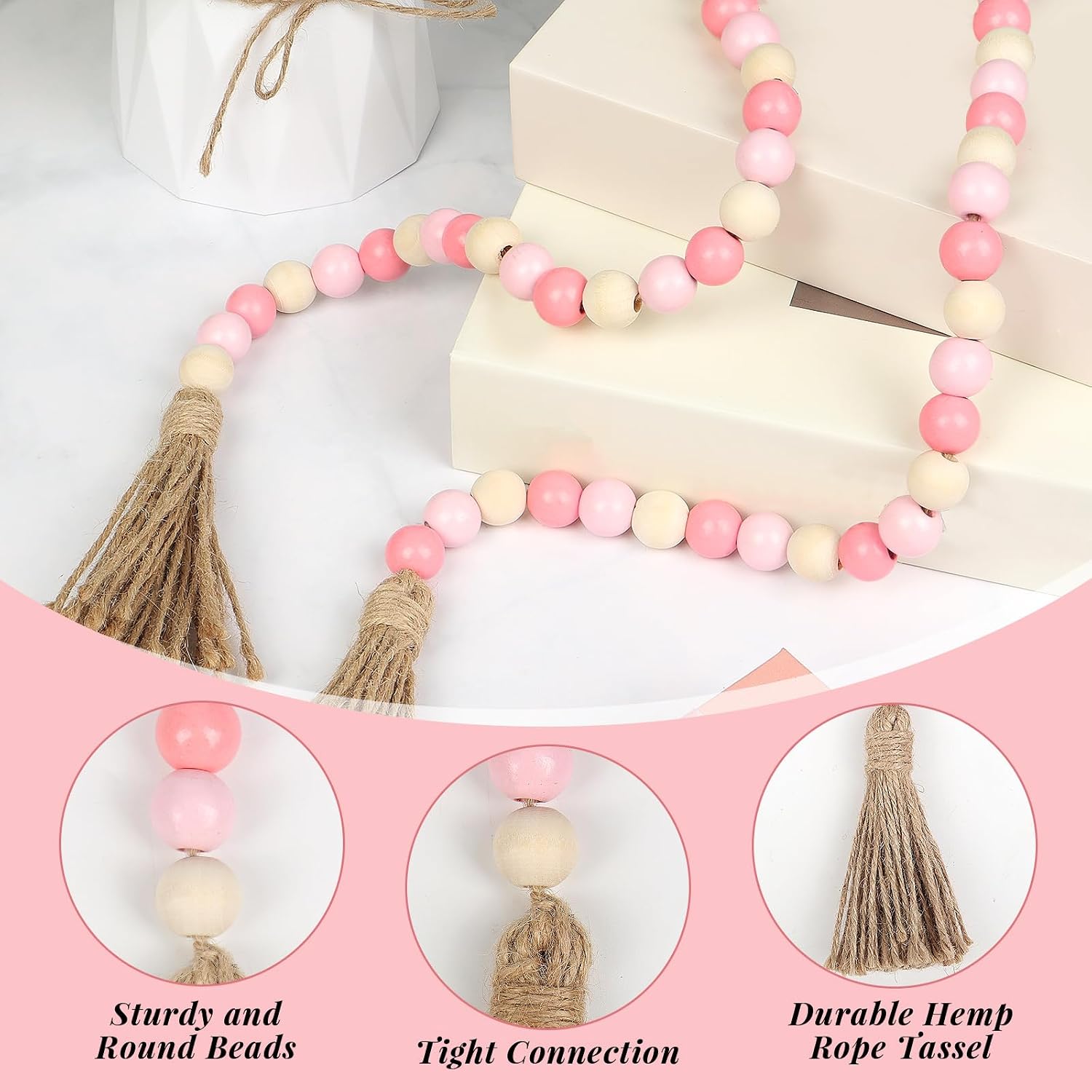 Valentine Wood Bead Garland with Tassel, 39 Inch Rustic Farmhouse Beads Decor, Valentines Boho Wood Bead Garland for Mother's Day Valentine's Day Chirsmas Home Decorations (Pink Natural)